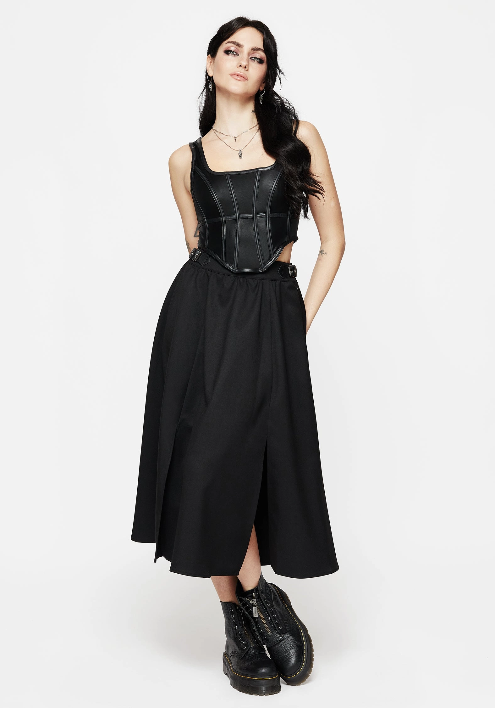 Blogger Favorite Nightingale Buckled Midi Skirt - Black