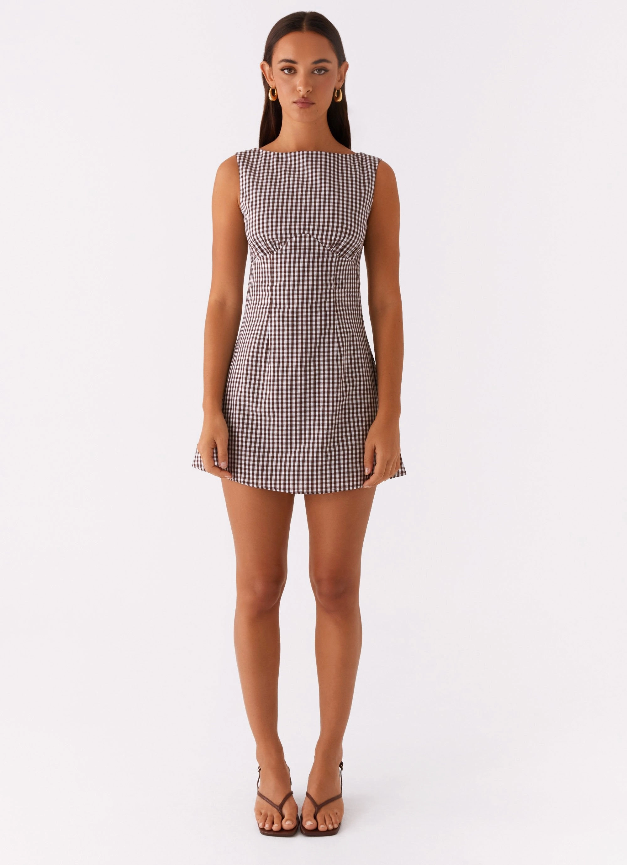 Soft Harmony Lotus Tie Back Mini Dress - Chocolate Gingham