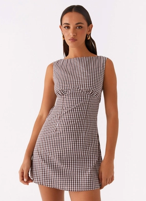 Lotus Tie Back Mini Dress - Chocolate Gingham Low-Waist