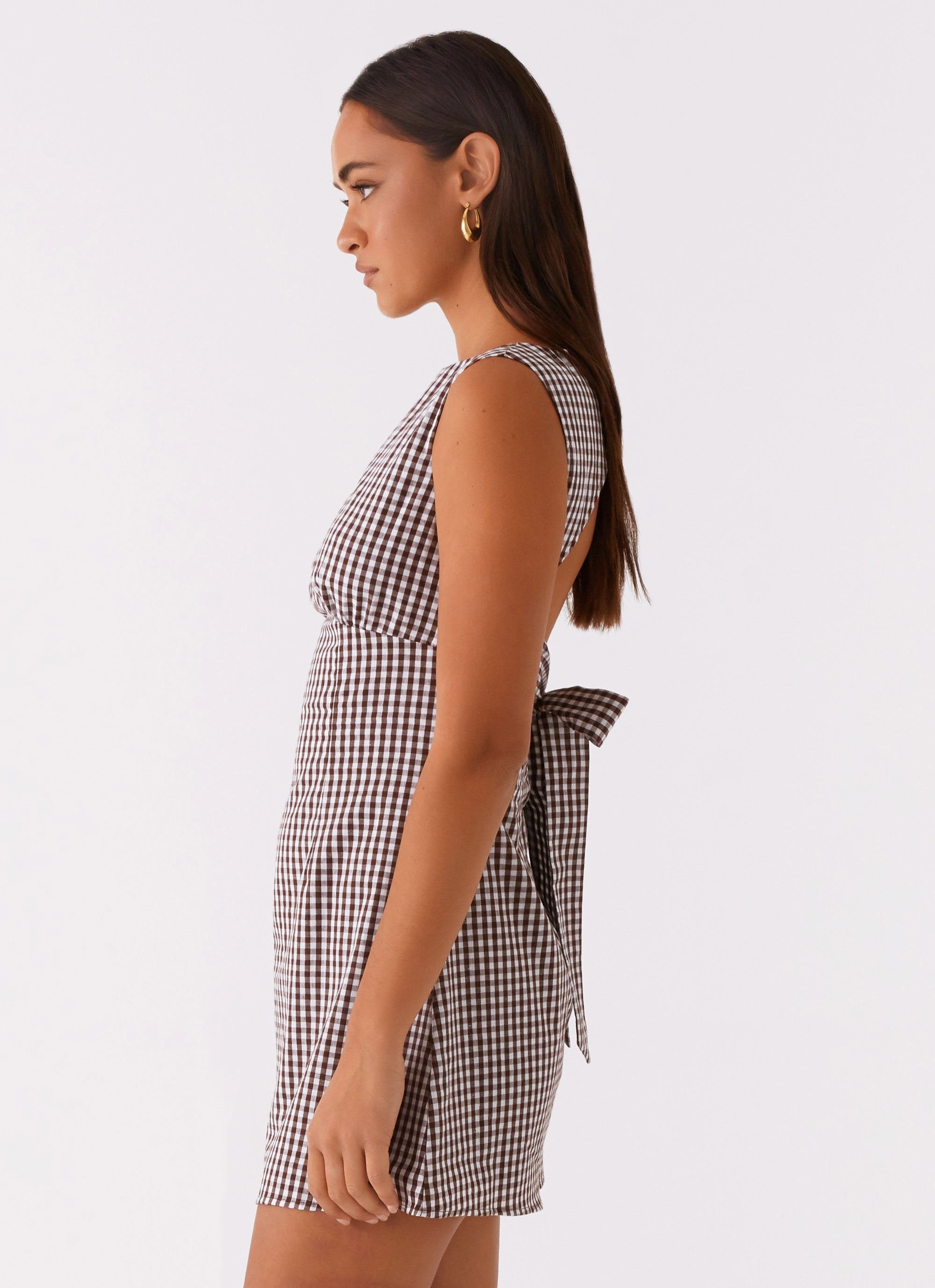 Flexible Design Easy and Effortless Lotus Tie Back Mini Dress - Chocolate Gingham