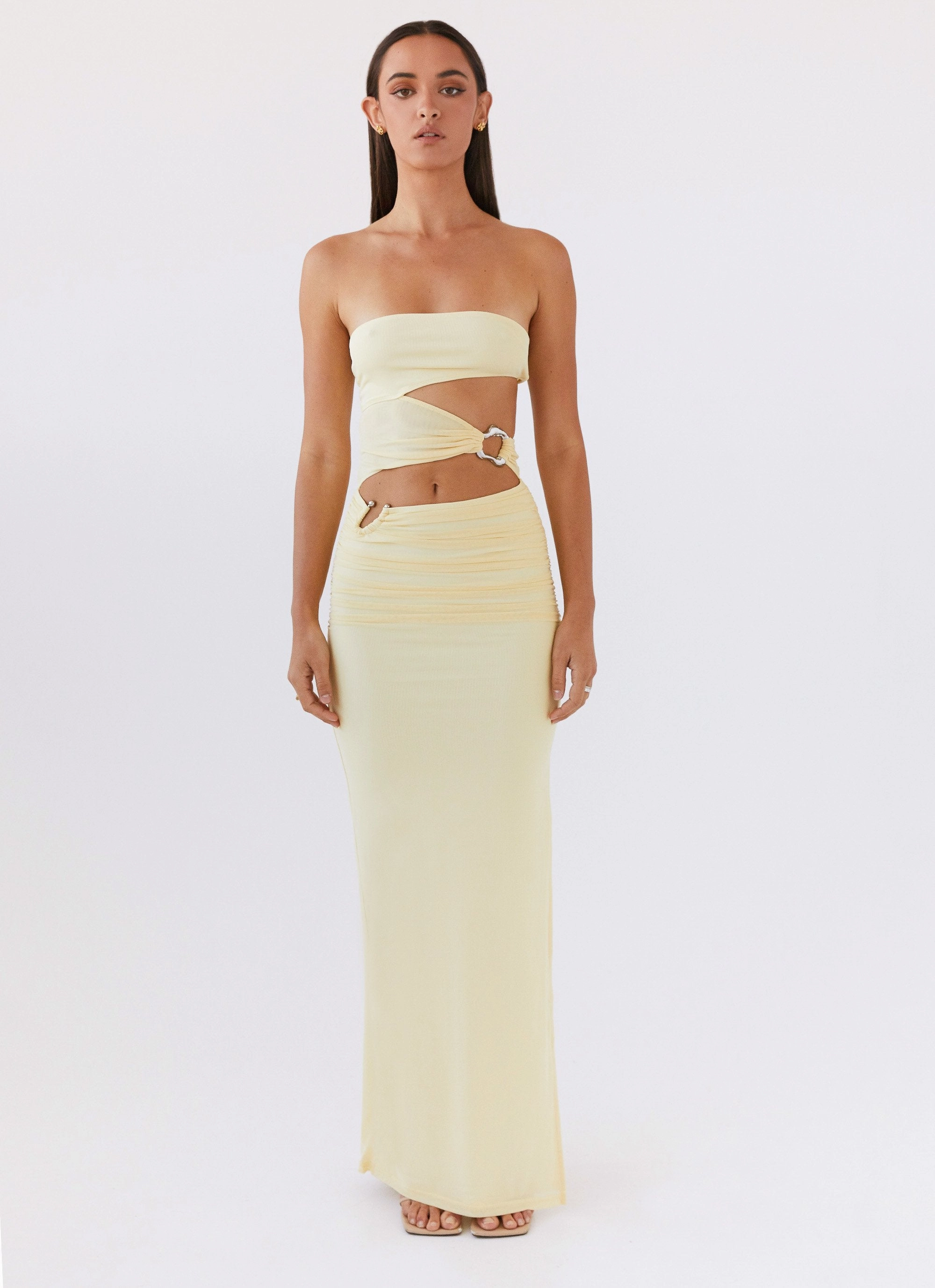 Polished and Elegant Into Pieces Mesh Maxi Dress - Lemon