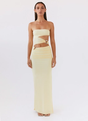 Polished and Elegant Into Pieces Mesh Maxi Dress - Lemon