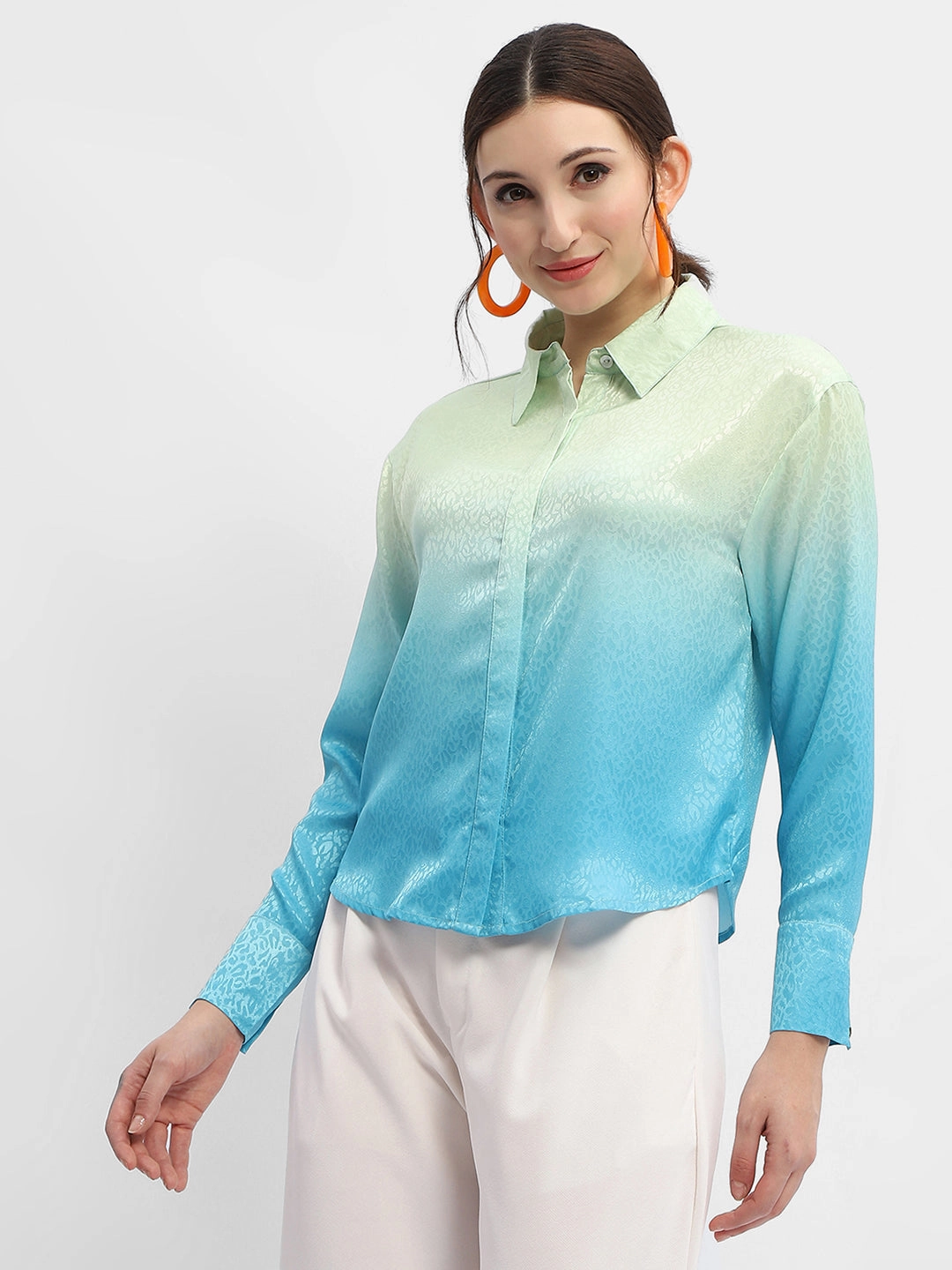 Madame Green And Blue Ombre Shirt Comfy Wear Multipurpose Layering Fabric