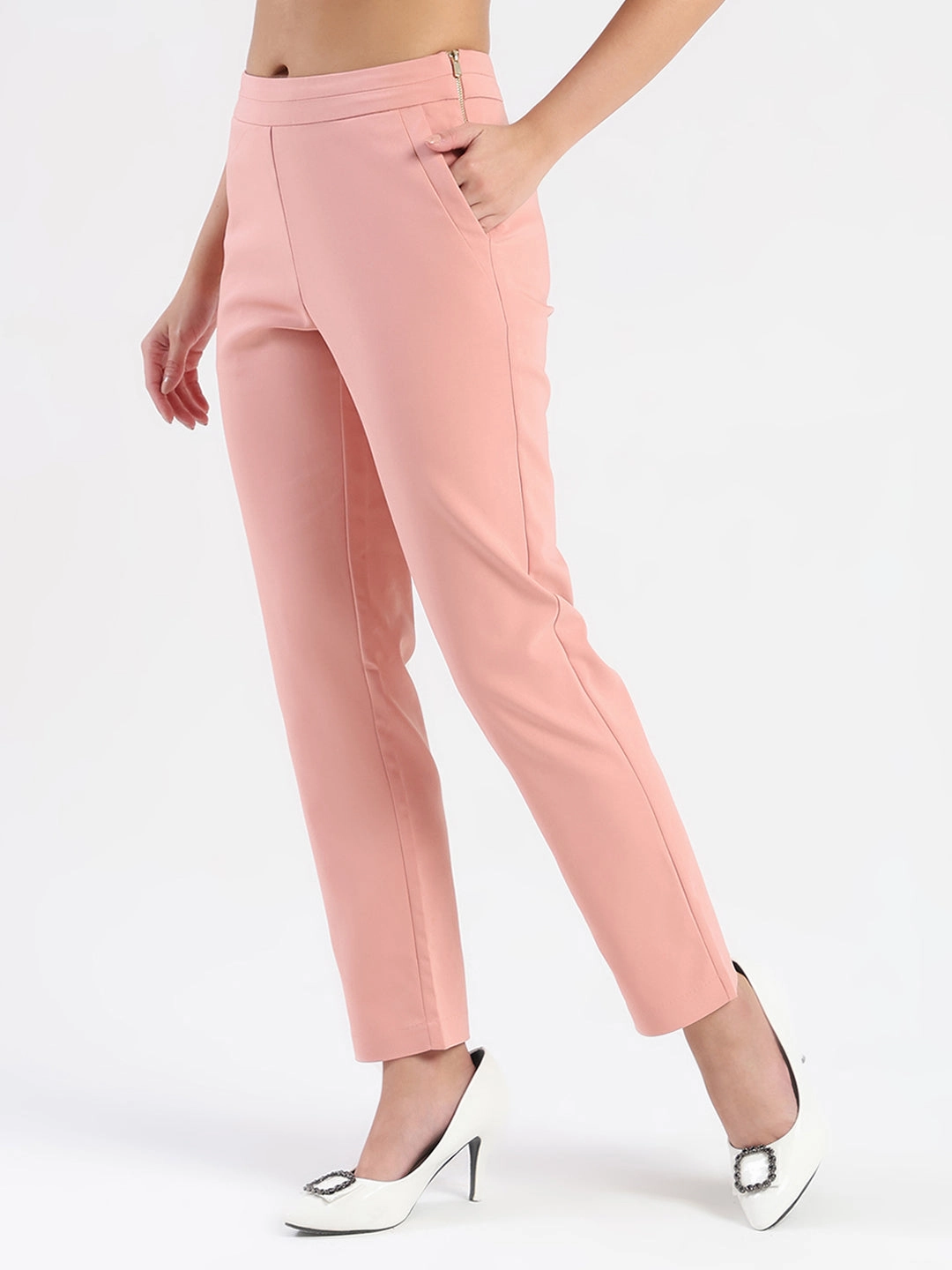 Madame High-Waist Cotton Blend Pink Trousers Comfort Stretch