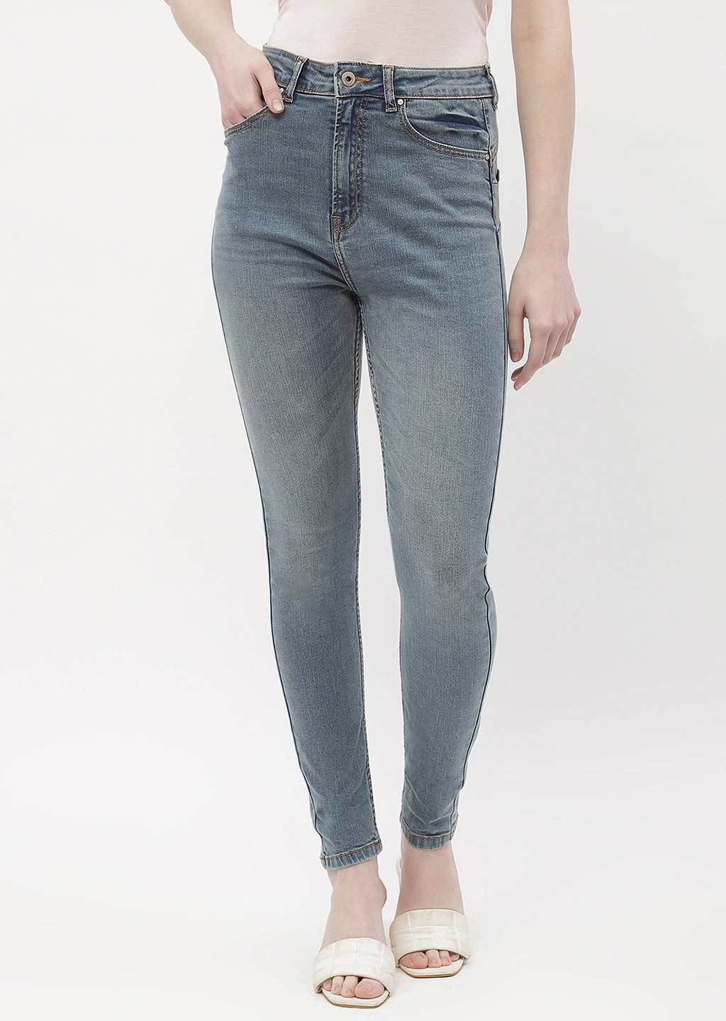 Reinforced Belt Loops Garment Dyed Texture Madame Mid Rise Mid Blue Skinny Fit Jeans