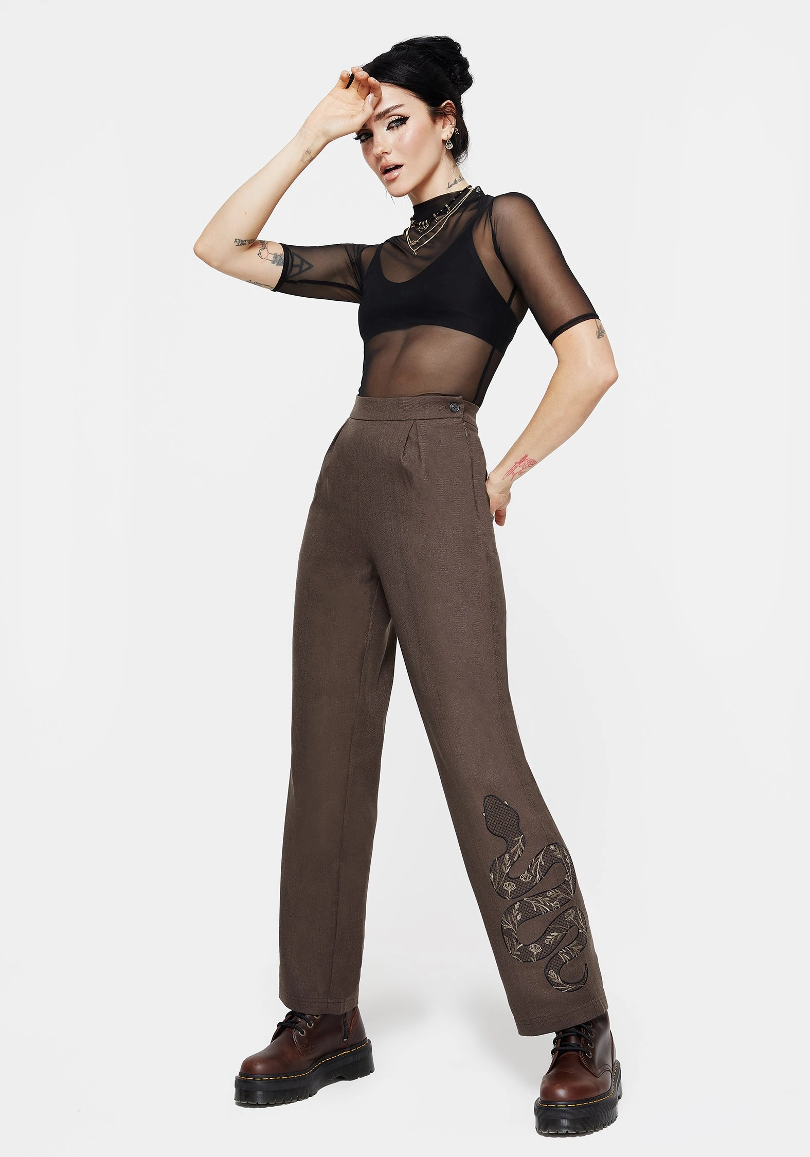 Gaia Linen Blend Snake Embroidered Wide Leg Trouser Everyday Comfort