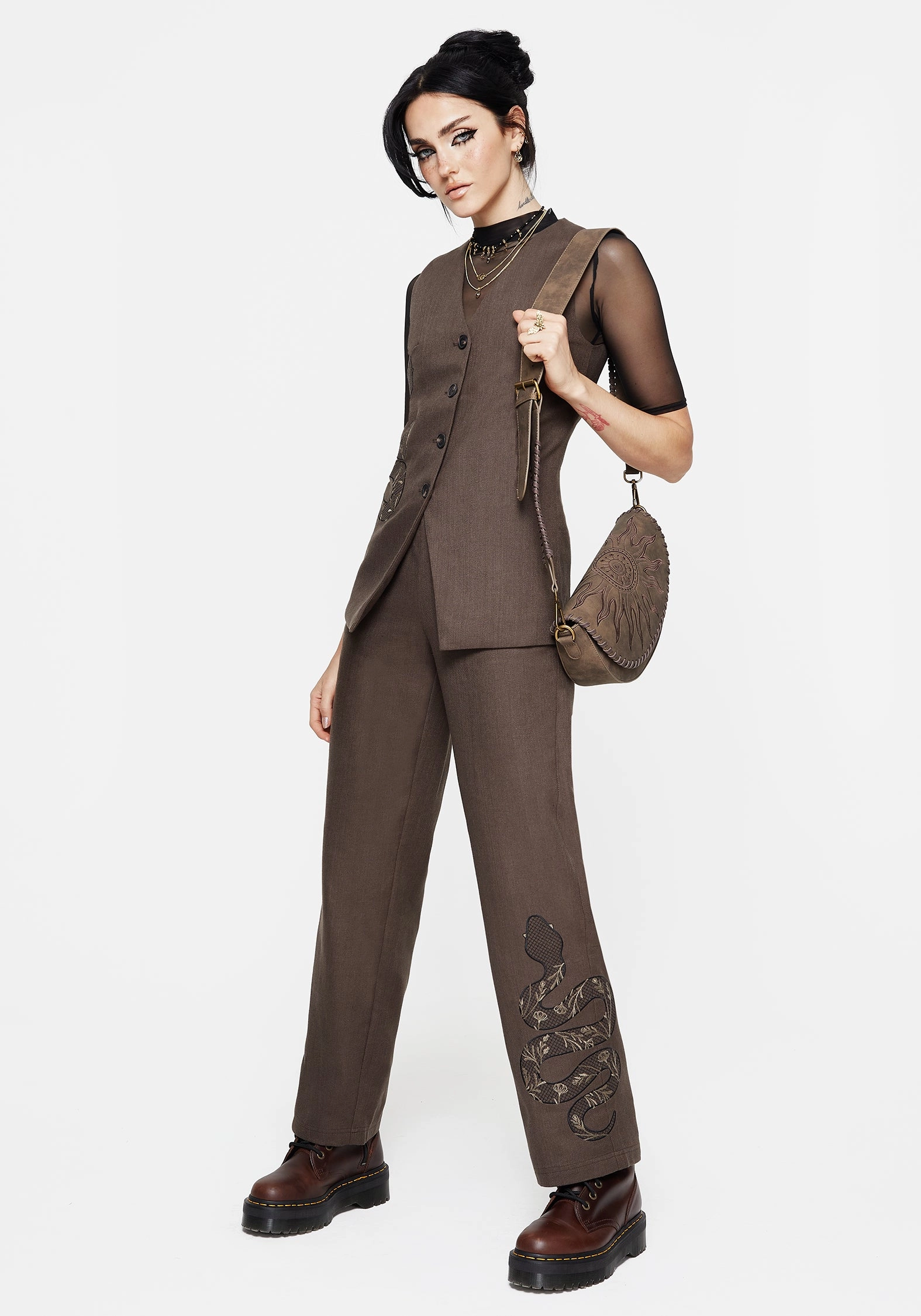 Cozy Essentials Gaia Linen Blend Snake Embroidered Wide Leg Trouser