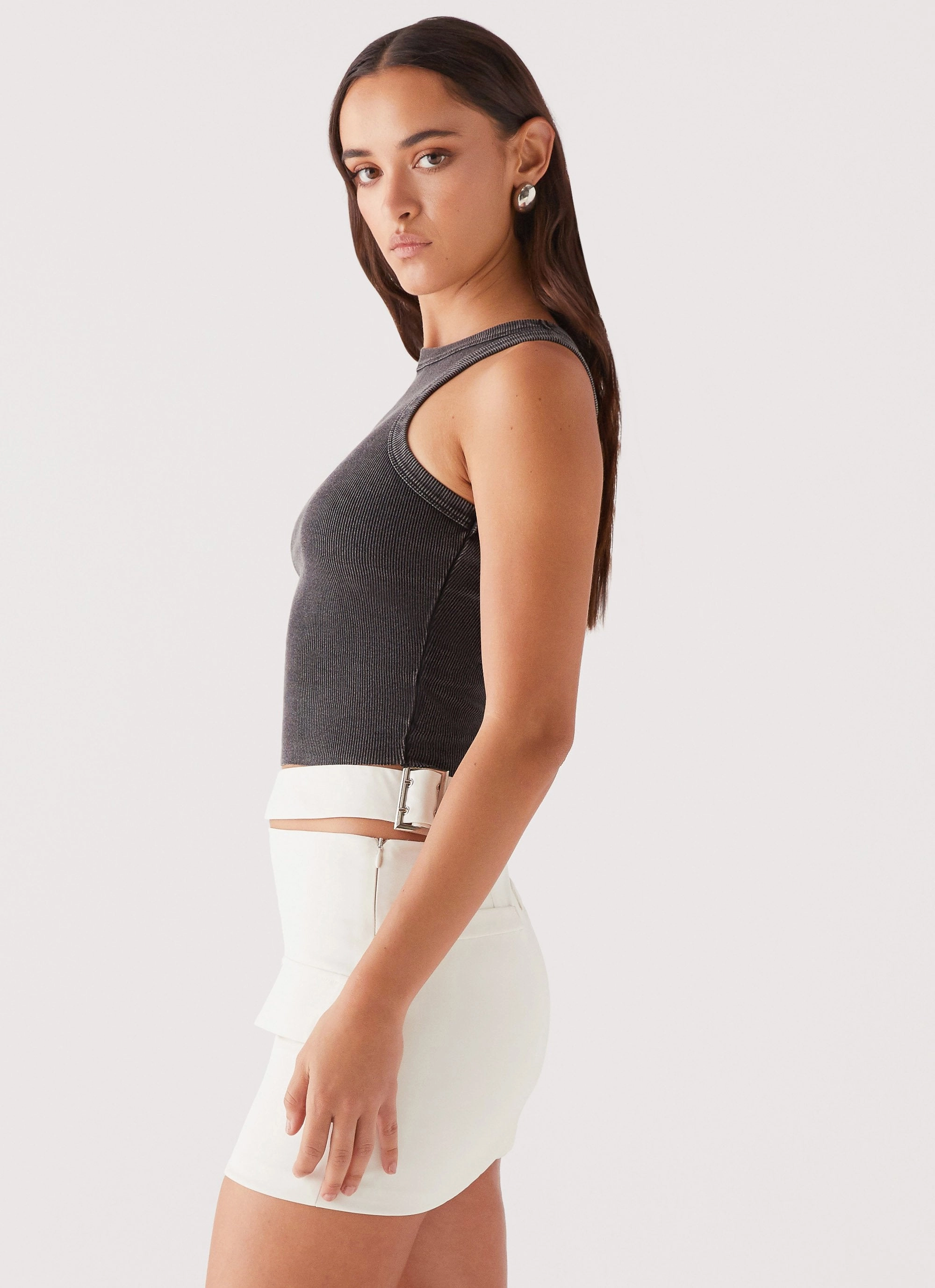 Outfit Shot Abstract Motif Danger Zone Cut Out Mini Skirt - Ivory