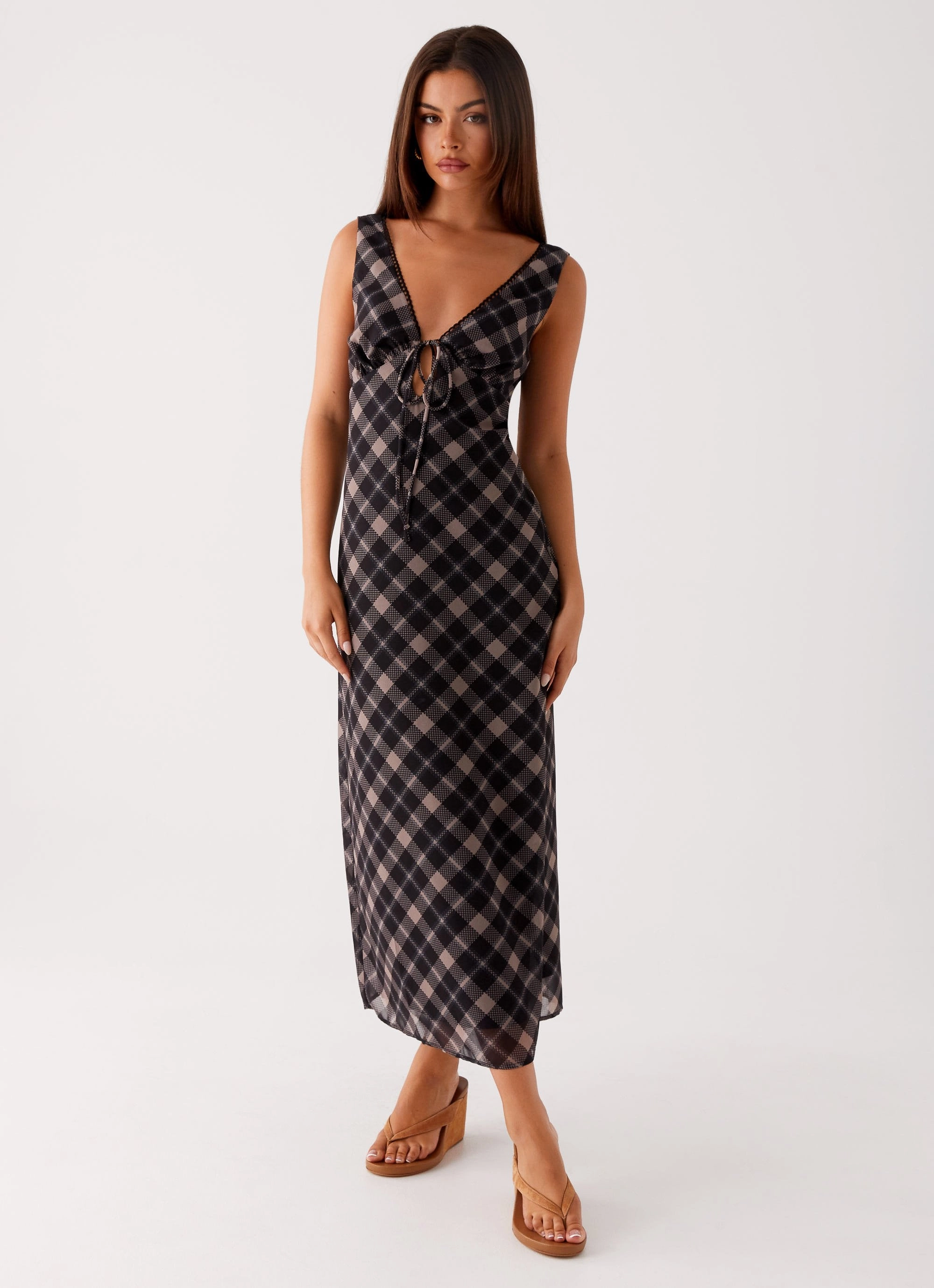 Lace-Trim Gianna Midi Dress - Taupe Check