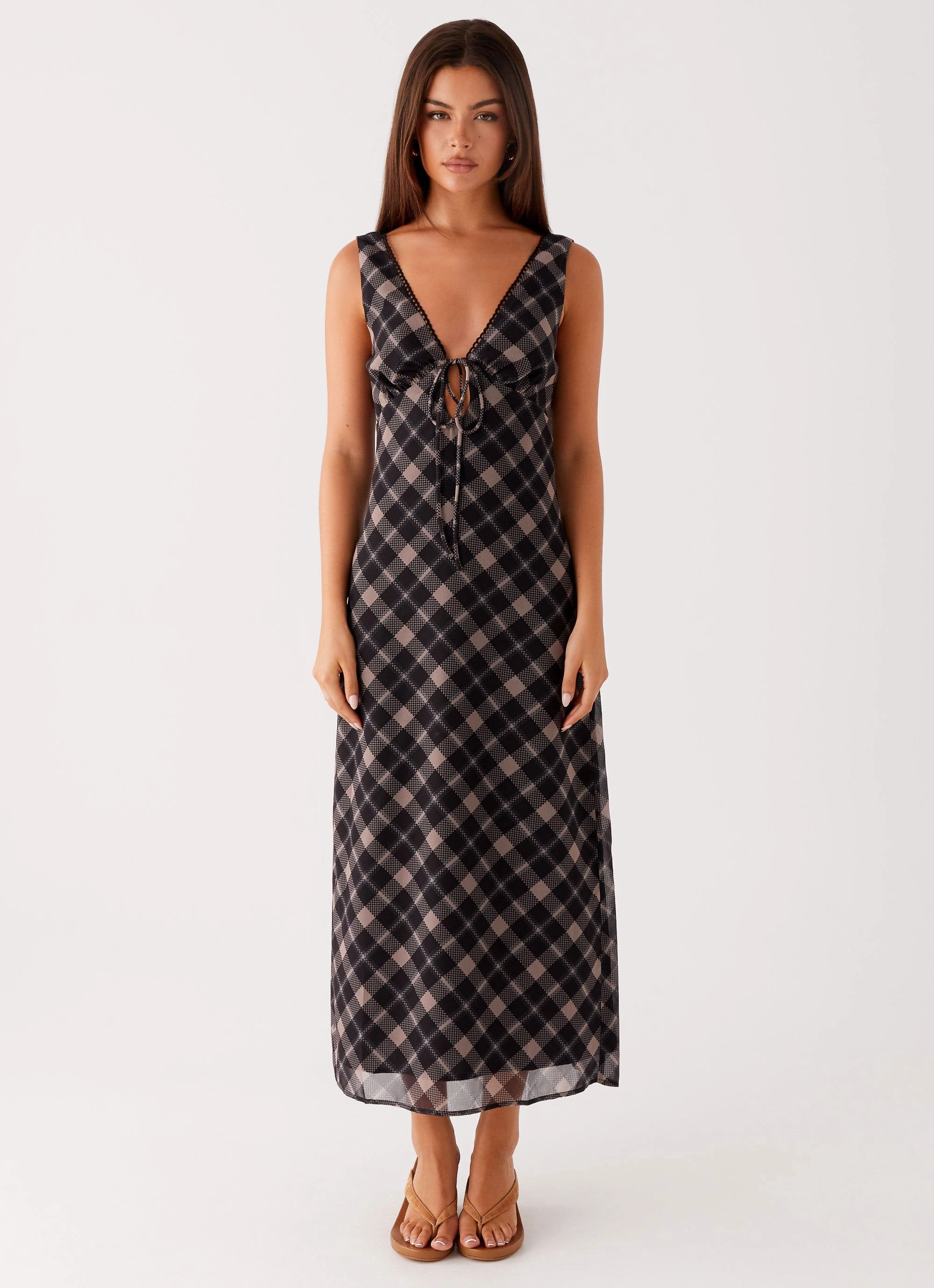 Smile Soft Elegant Waistband Fit Gianna Midi Dress - Taupe Check