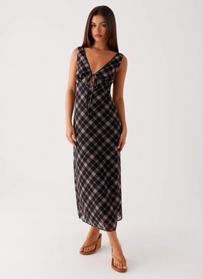 Lace-Trim Gianna Midi Dress - Taupe Check