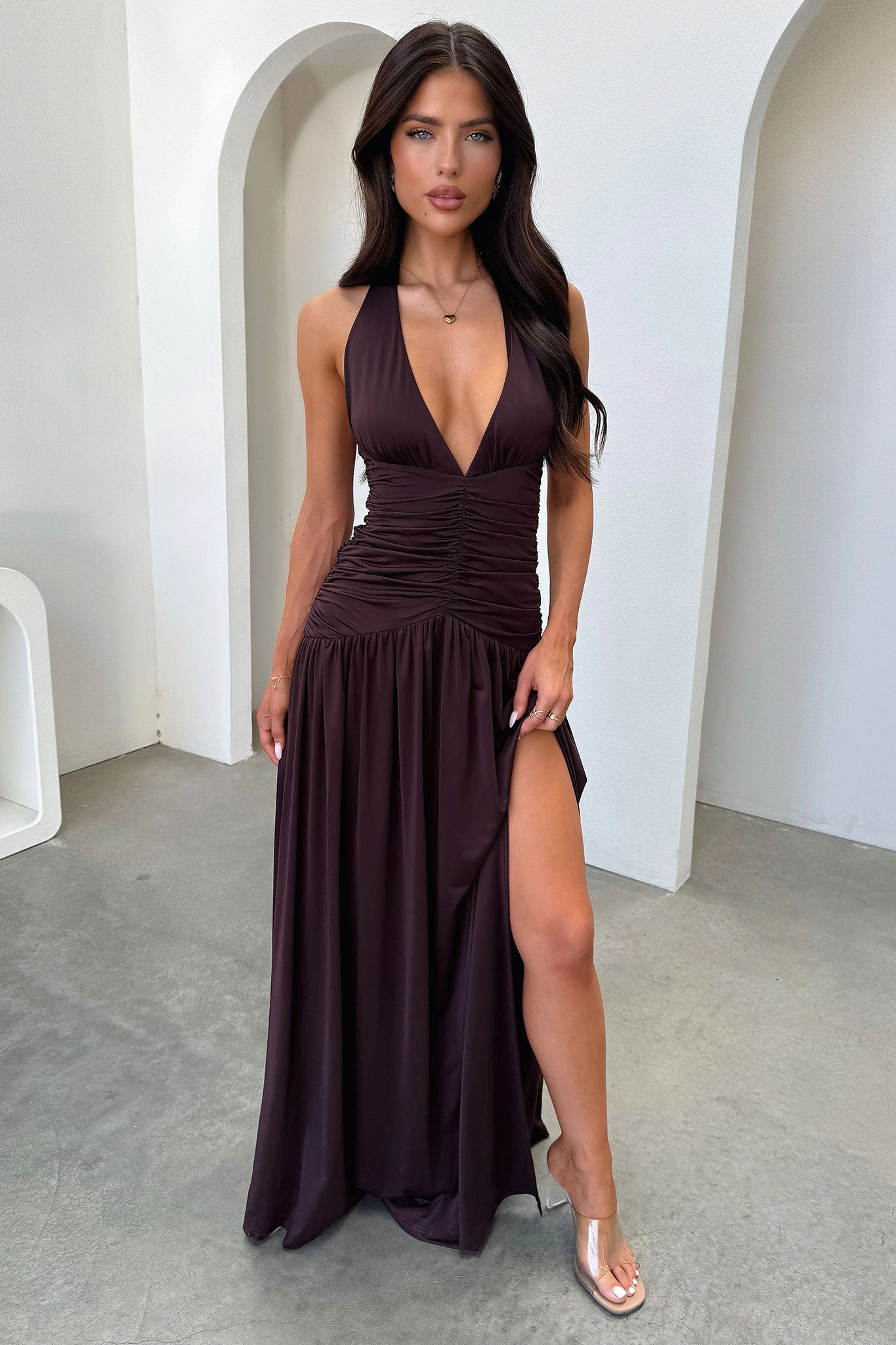 Ginevra Ruched Halter Maxi Dress - Brown Elegant Style