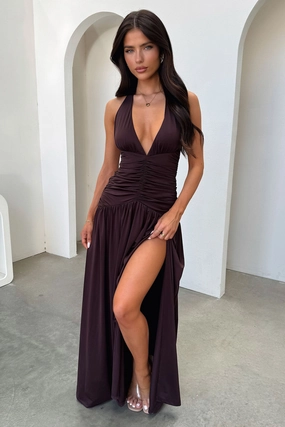 Smile Glow Classy Look Ginevra Ruched Halter Maxi Dress - Brown
