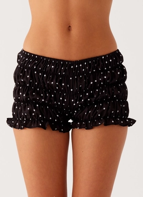 OdorControlTech Breathable Flex Girls Like Us Ruched Mini Shorts - Black Polka Dot