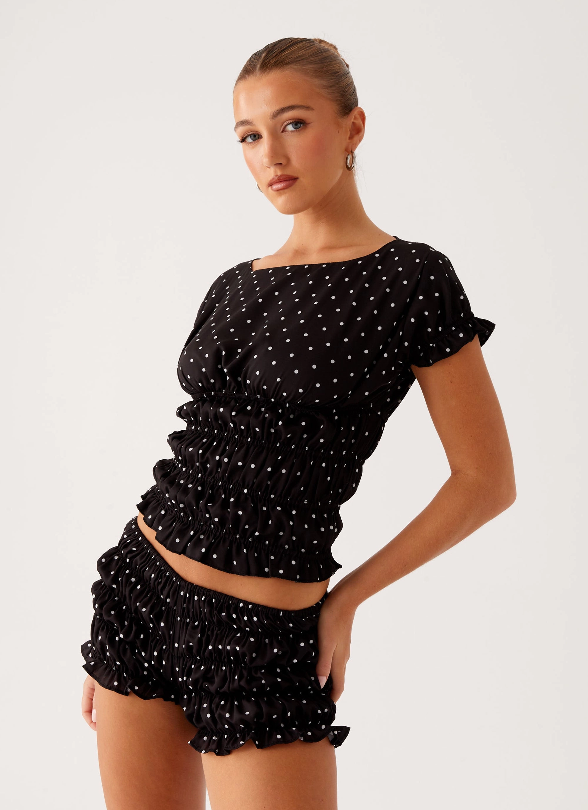 Quick design Performance Wear Girls Like Us Ruched Mini Shorts - Black Polka Dot