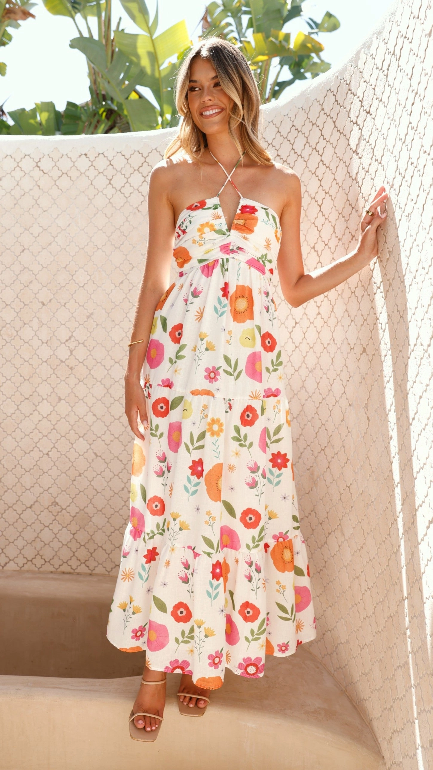 Taffeta Maxi Dress - White Floral Neutral Layer