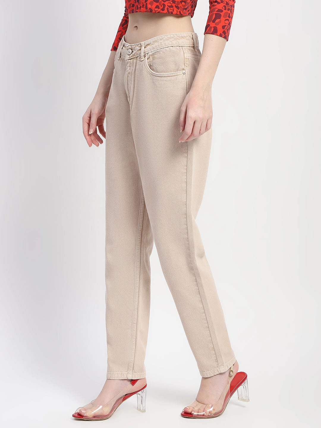 comfortable length Travel Outfit Professional Wear Madame Straight Fit Cotton Beige Denim