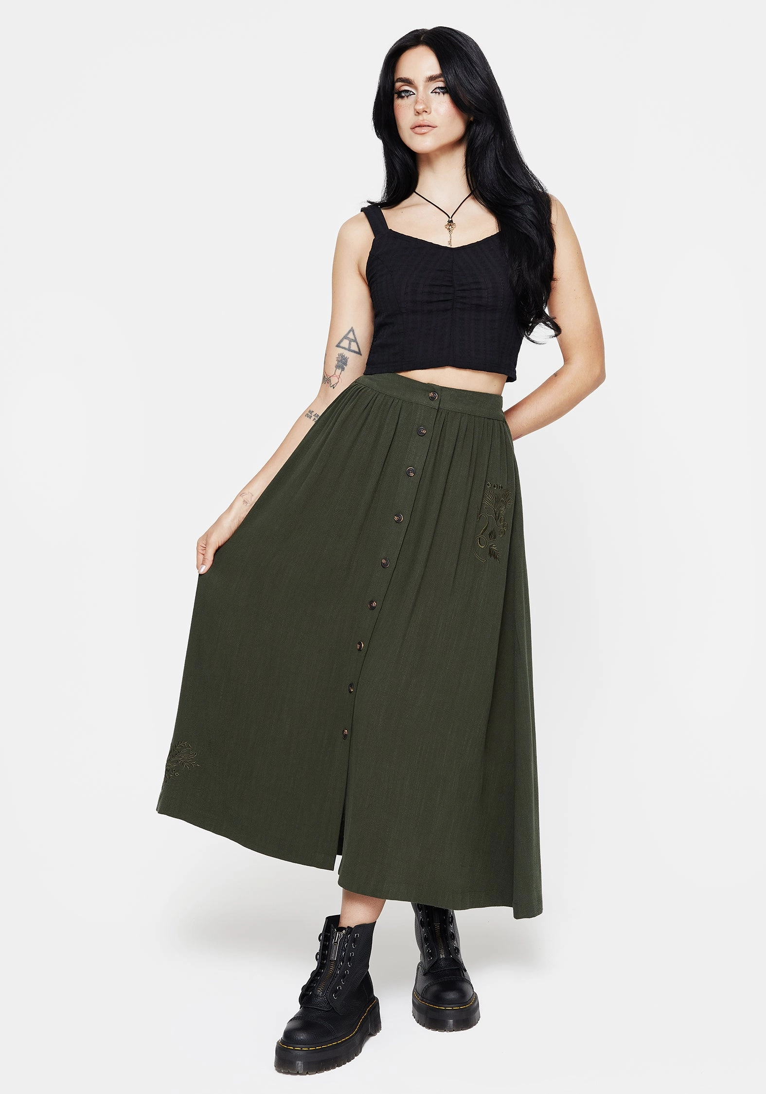 Foliate Linen-Blend Embroidered Button Up Midaxi Skirt - Green Soft Finish Outfit Essence