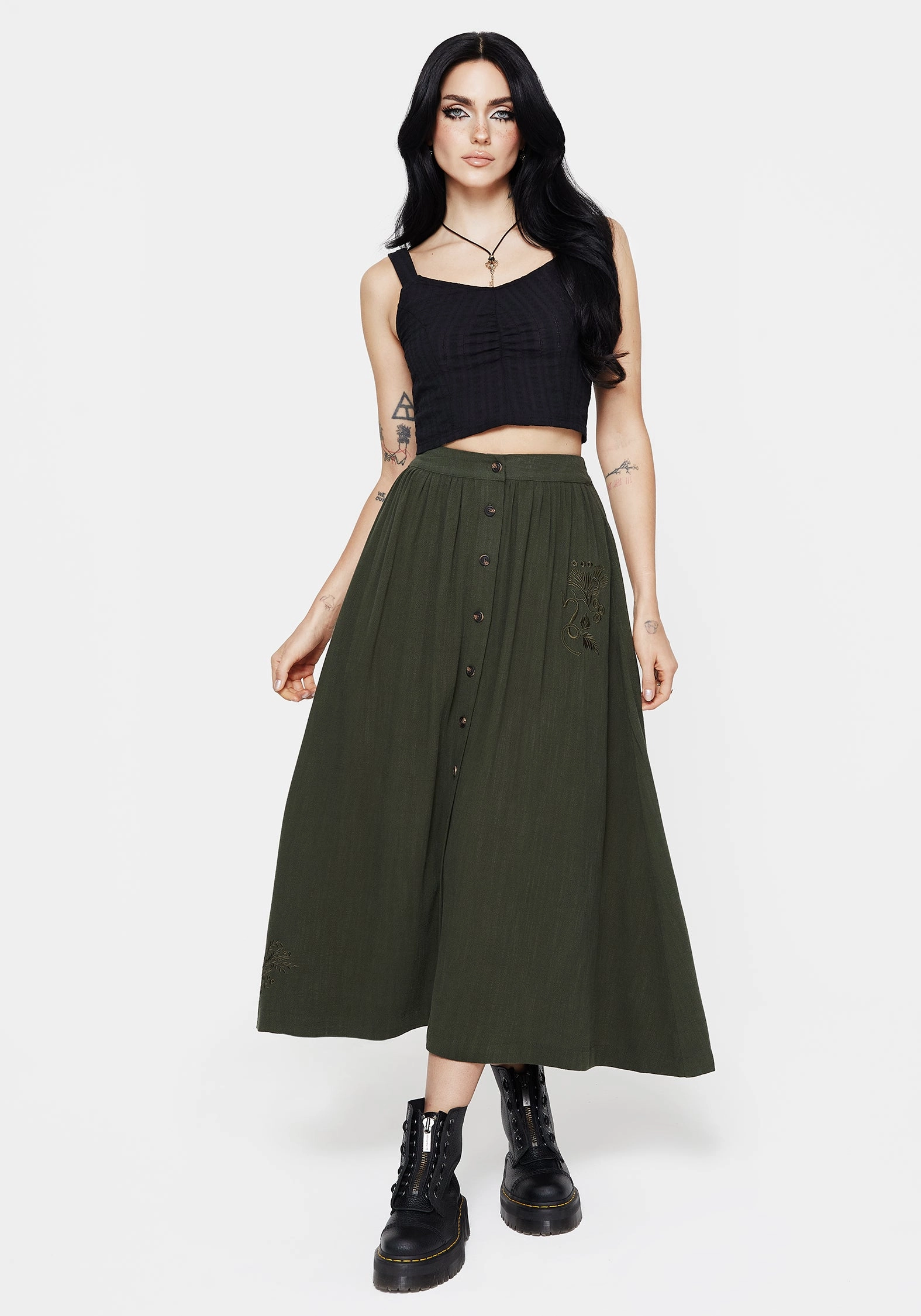 Foliate Linen-Blend Embroidered Button Up Midaxi Skirt - Green Classic Fit