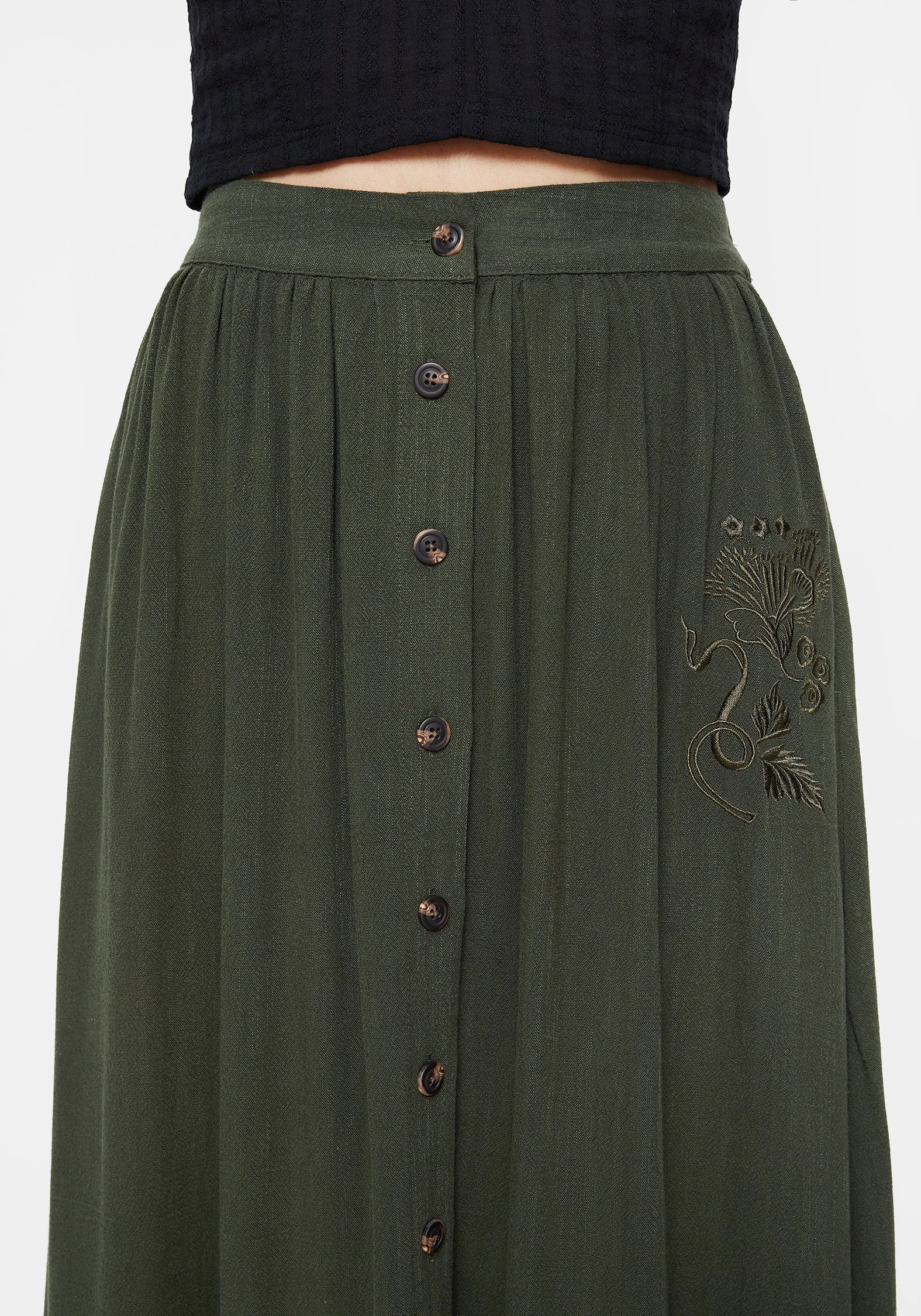 Foliate Linen-Blend Embroidered Button Up Midaxi Skirt - Green Balanced Outfit Hip Skimming