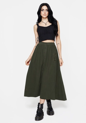 Foliate Linen-Blend Embroidered Button Up Midaxi Skirt - Green Classic Fit