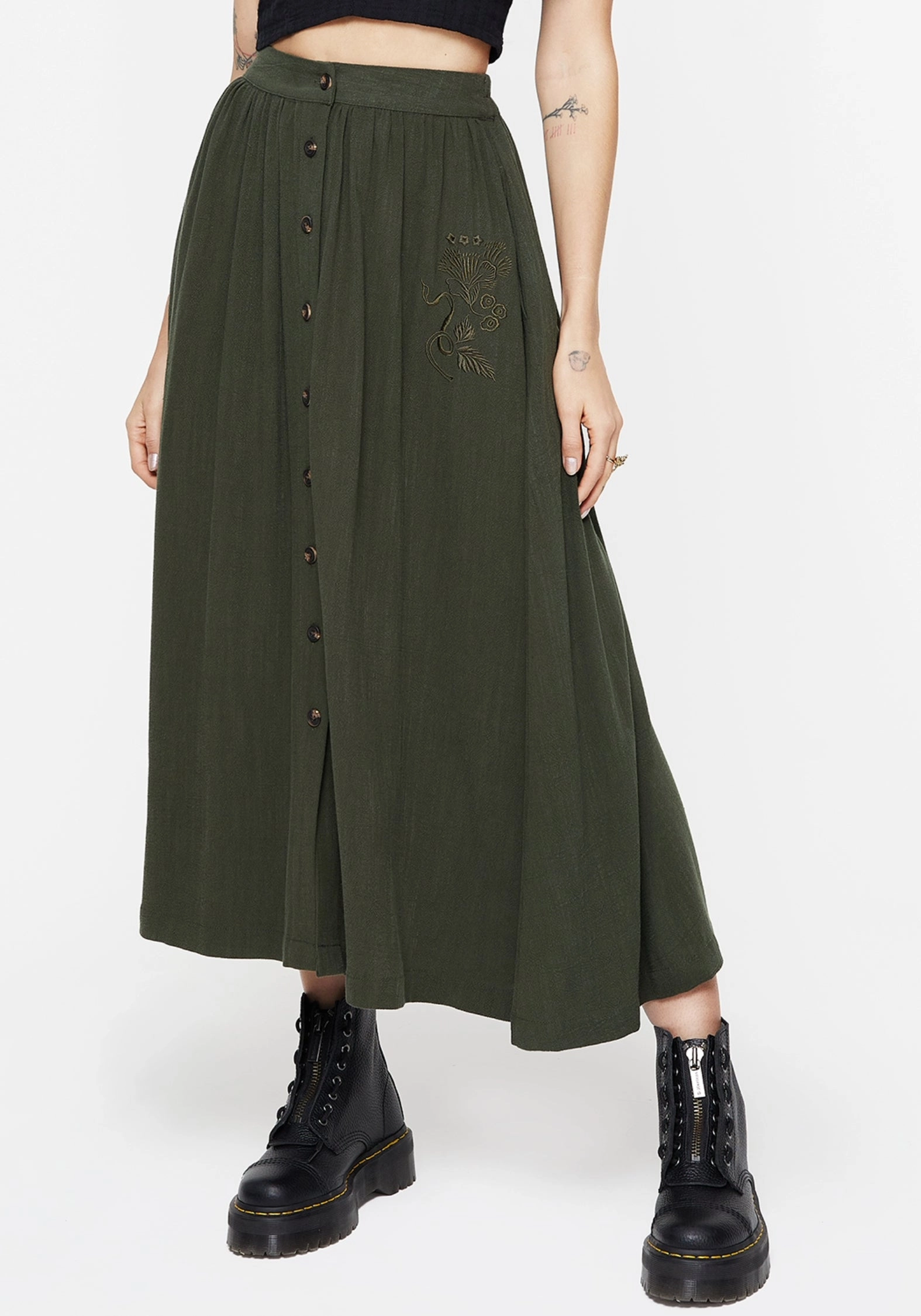 Bold Mood Clean Cut Foliate Linen-Blend Embroidered Button Up Midaxi Skirt - Green