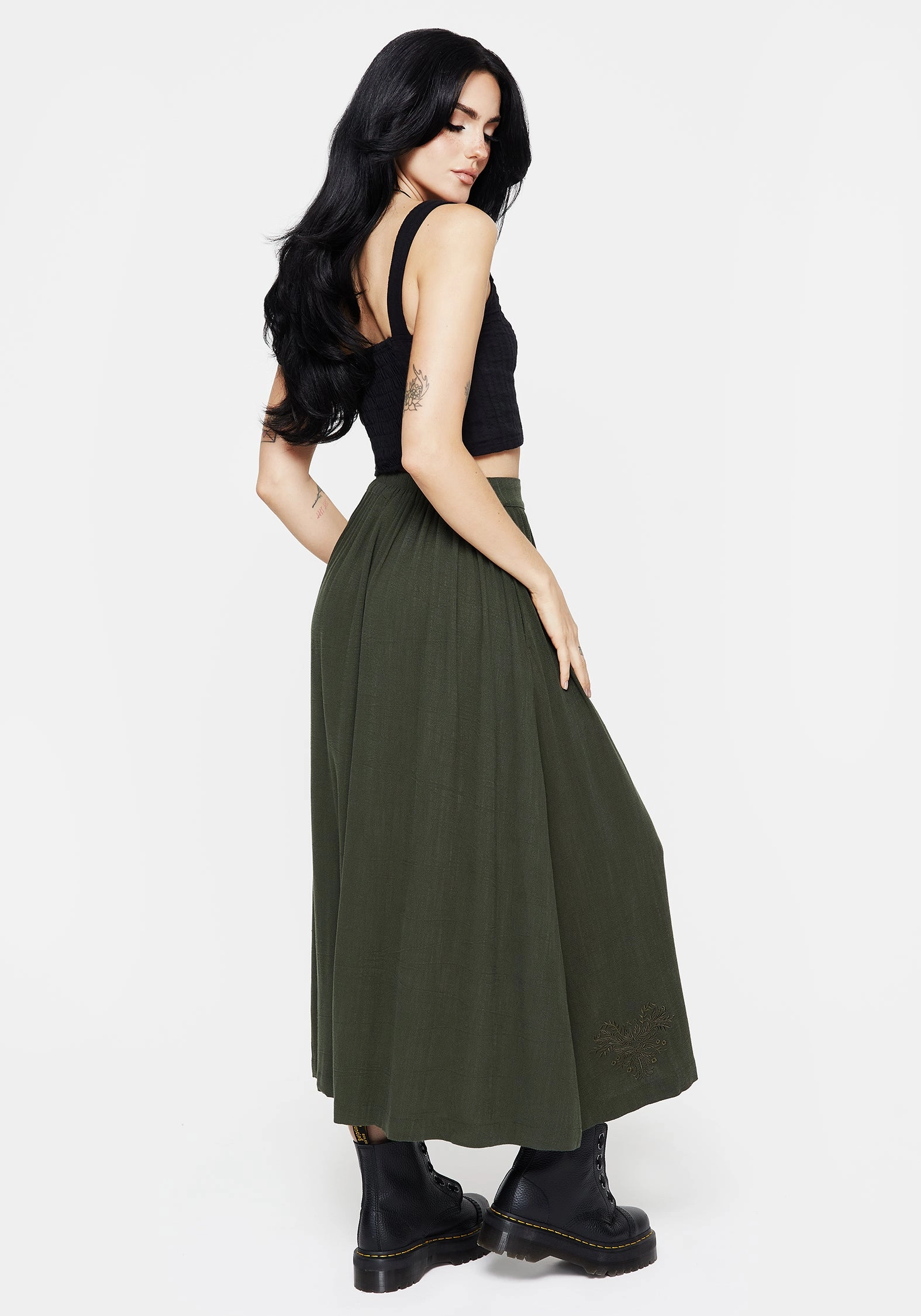 Crisp Edge Foliate Linen-Blend Embroidered Button Up Midaxi Skirt - Green