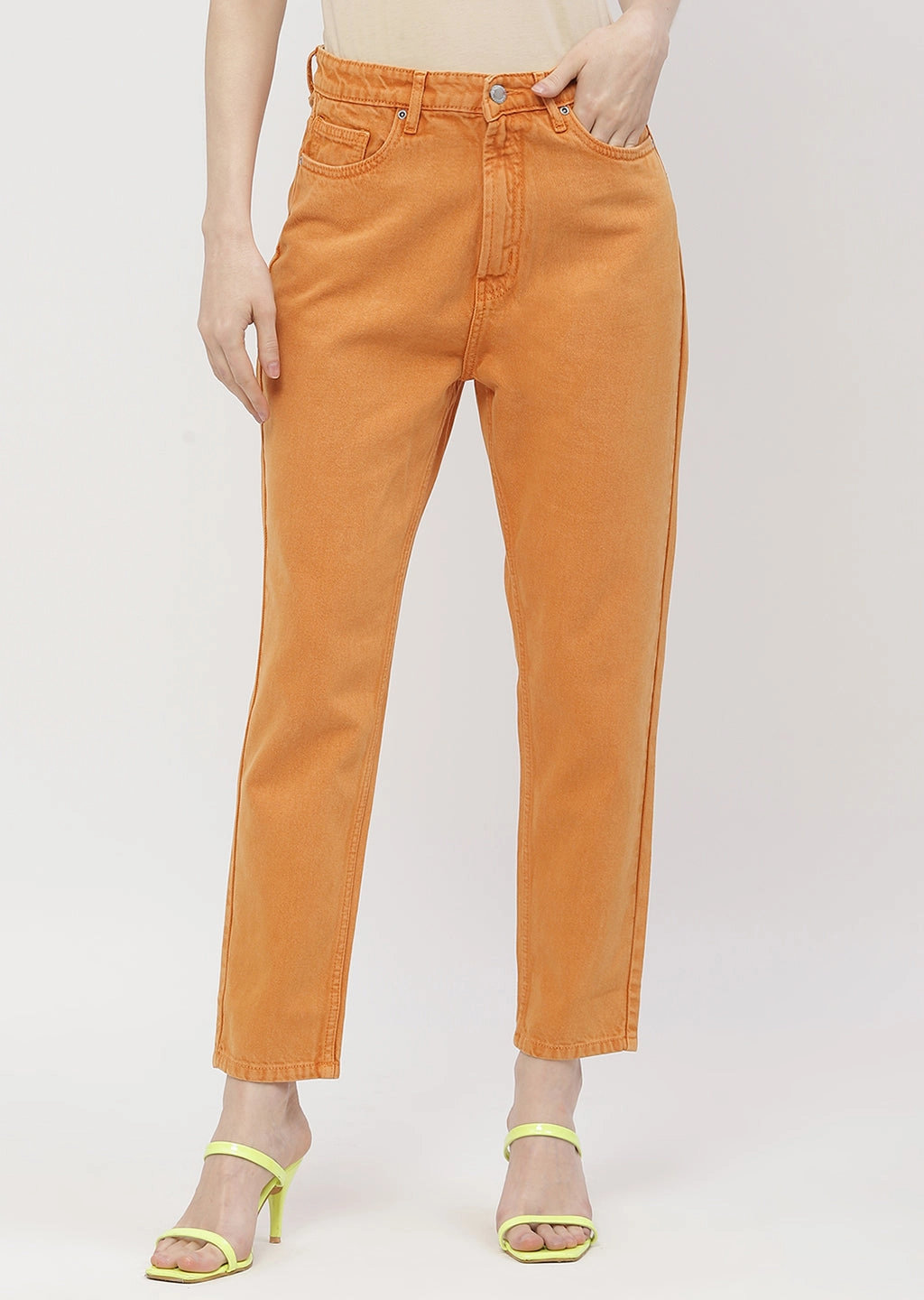 Madame Solid Orange Mom Fit Jeans Workwear Ready