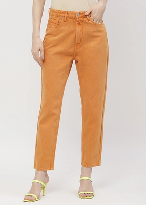 Madame Solid Orange Mom Fit Jeans Workwear Ready