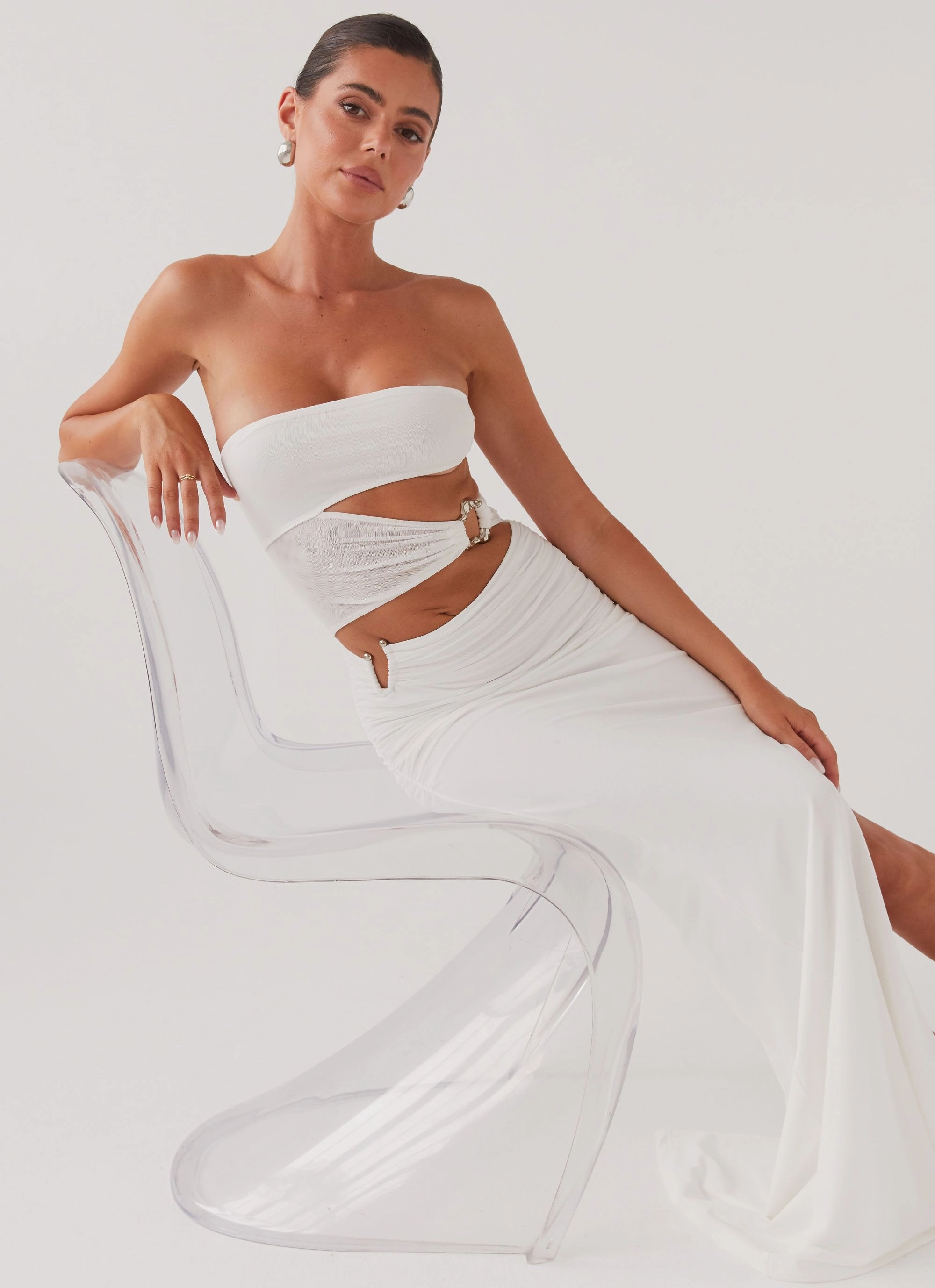 Stud-Detail Into Pieces Mesh Maxi Dress - White