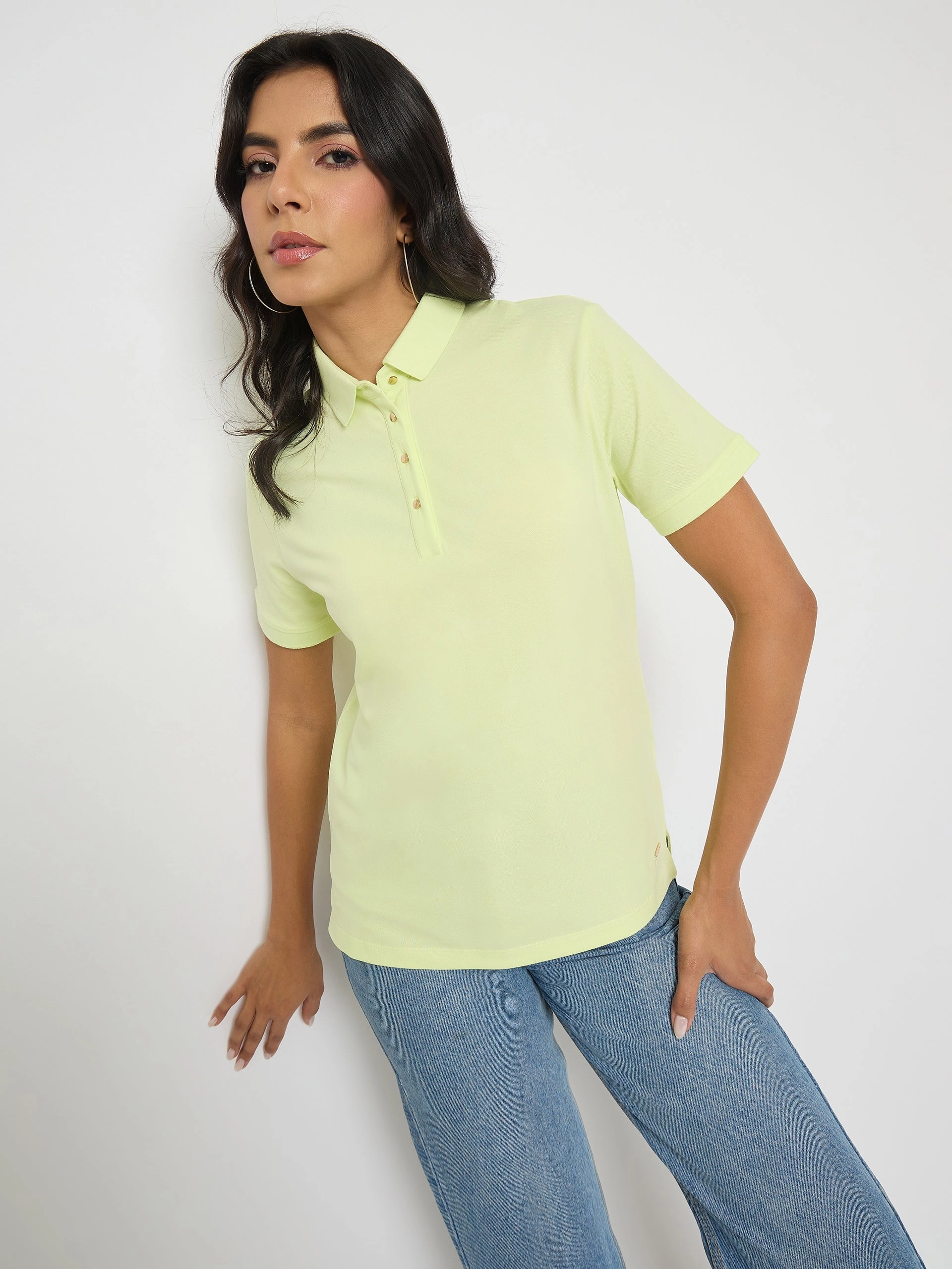 Madame Lime Yellow Cotton Blend Polo T-Shirt Fuzz Free Surface Stain Resistant