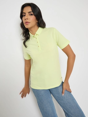 Madame Lime Yellow Cotton Blend Polo T-Shirt Fuzz Free Surface Stain Resistant