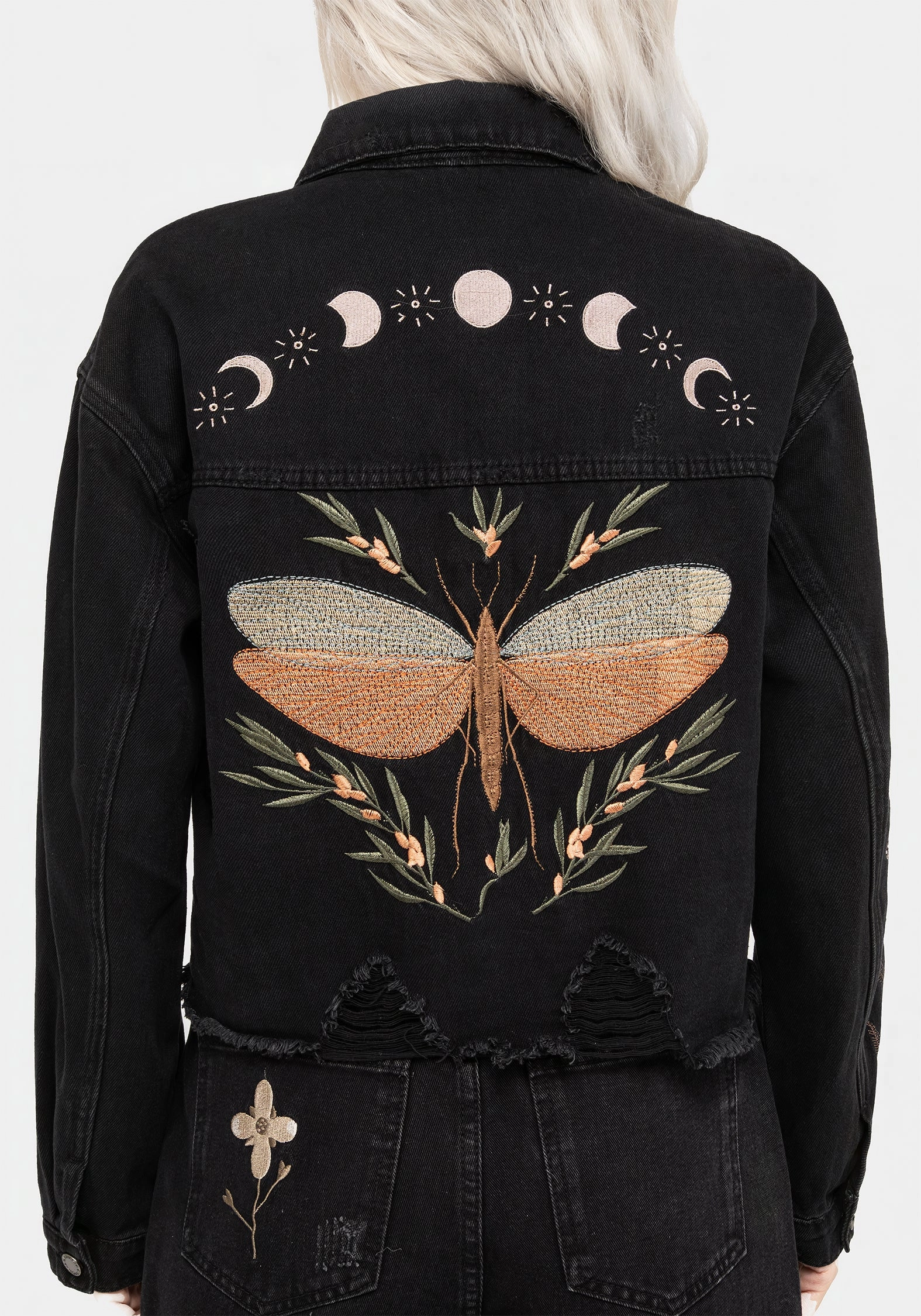 Griffinfly Embroidered Distressed Denim Jacket Casual Fit Silhouette