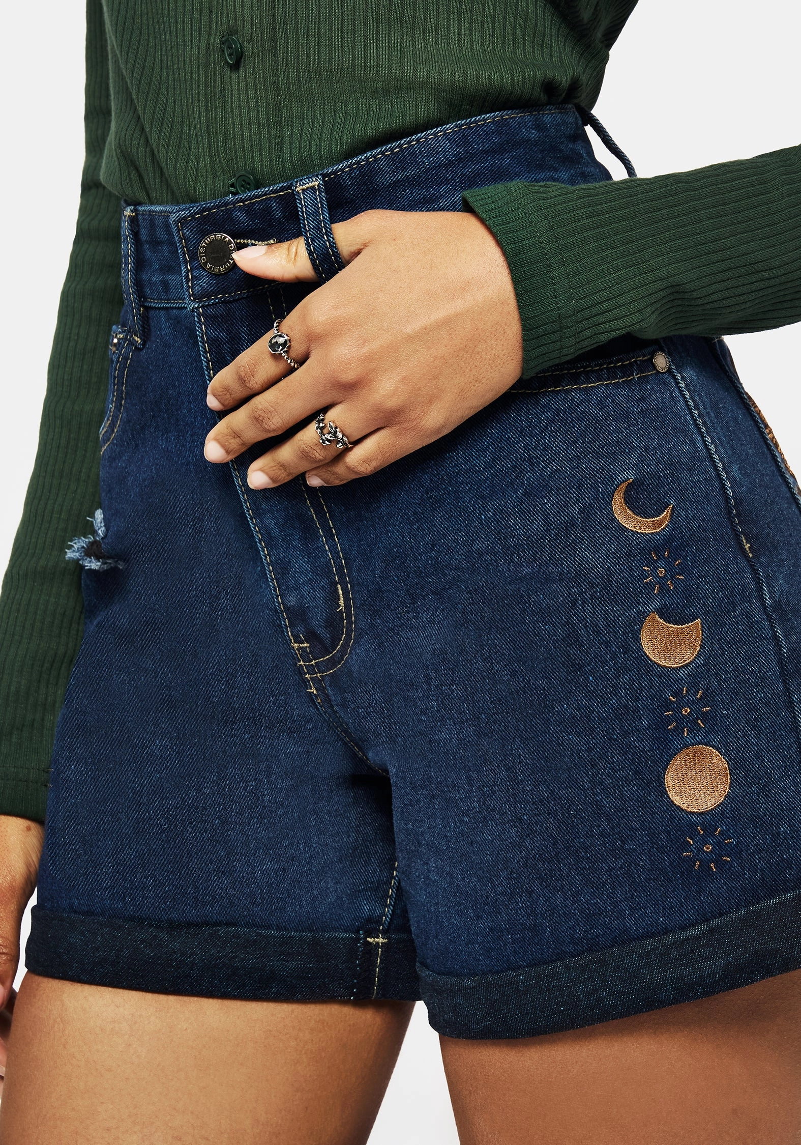 Griffinfly Embroidered Distressed Denim Shorts - Blue Mesh Fabric All Purpose Utility Fit