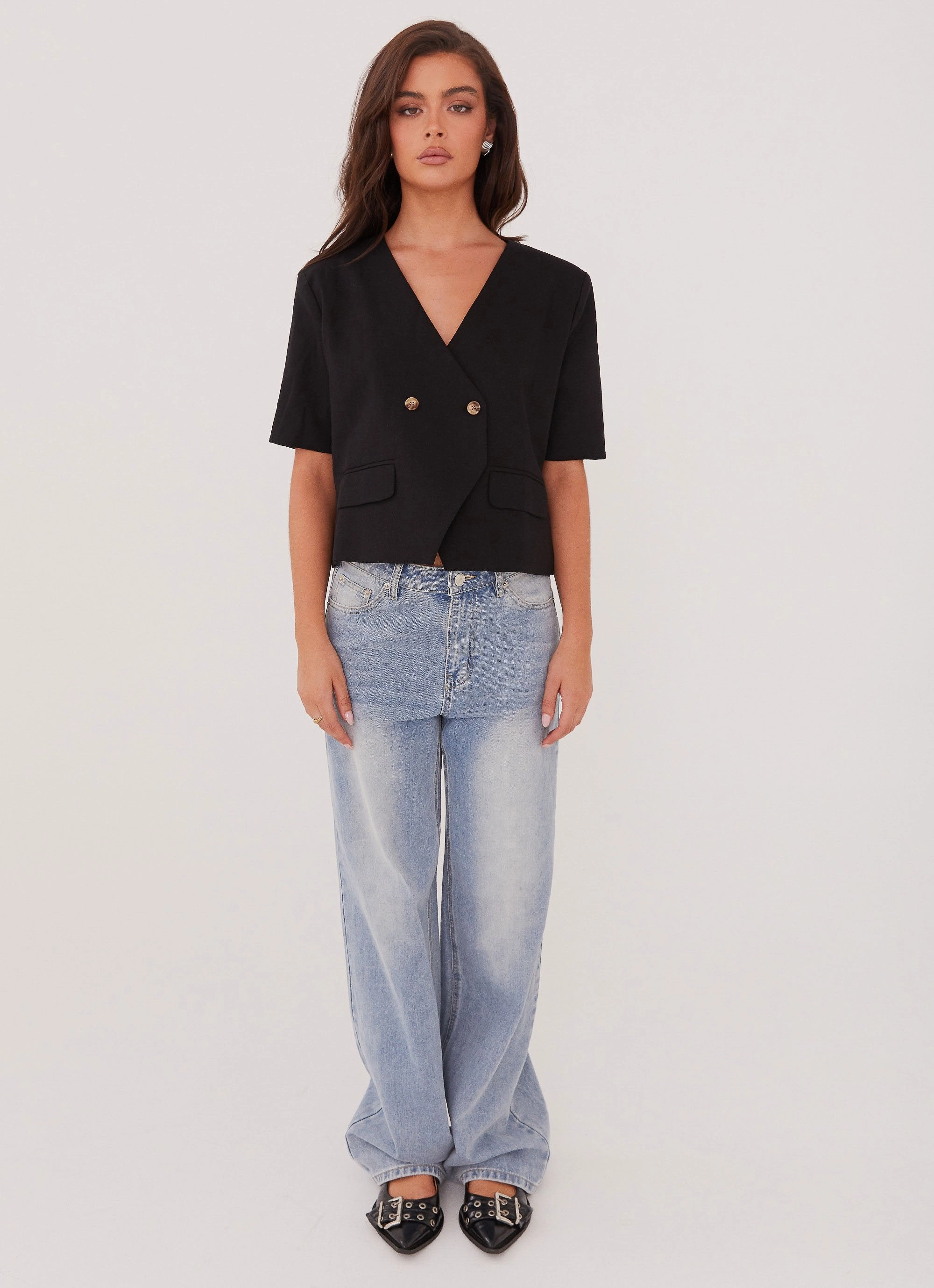 Hacienda Linen Short Sleeve Blazer - Black TemperatureRegulating Fabric