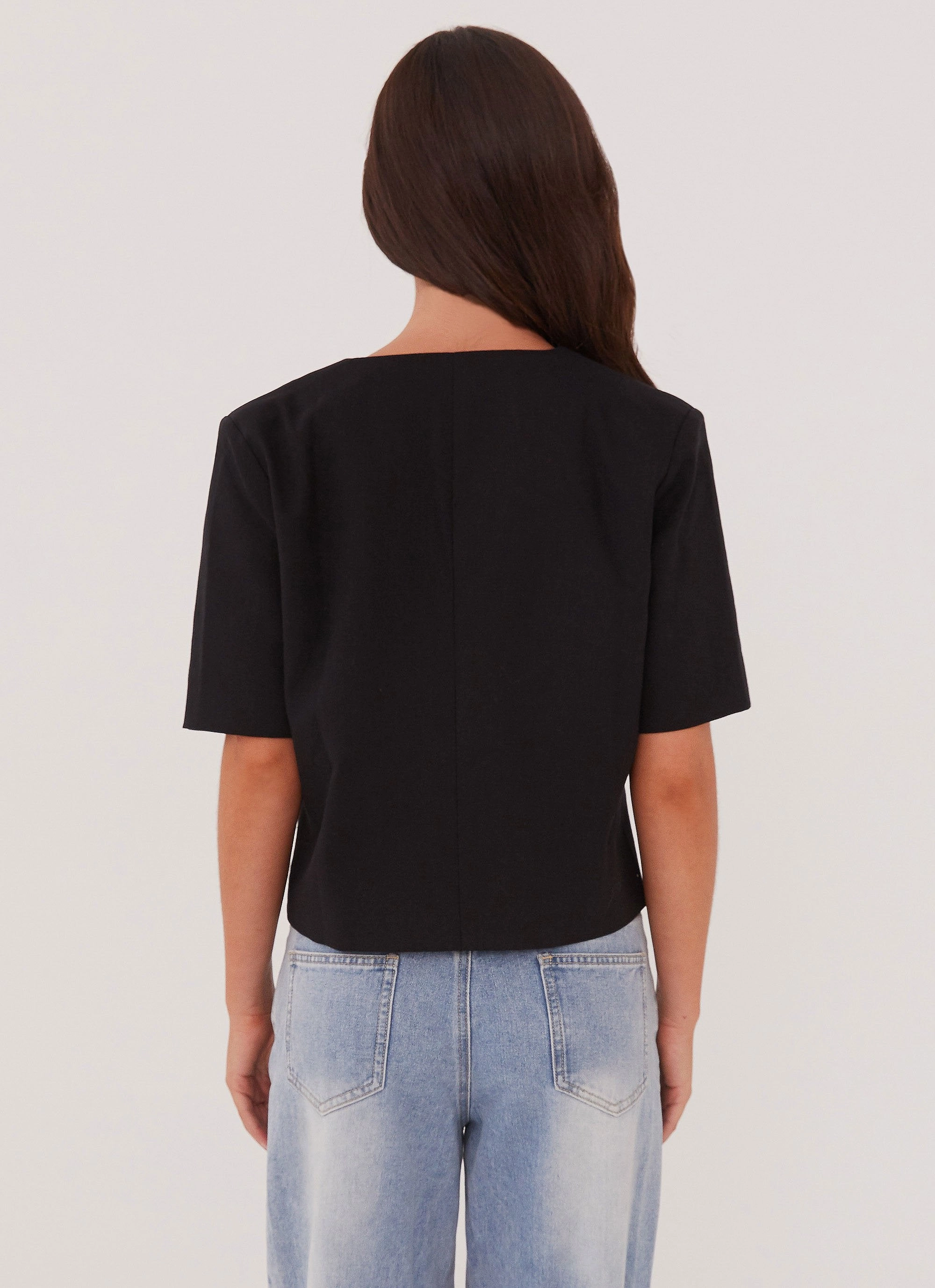 Hacienda Linen Short Sleeve Blazer - Black RibbedKnitCollar