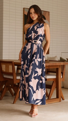 Hadas Maxi Dress - Navy/Pink Print TearResistantFabric Form Focus