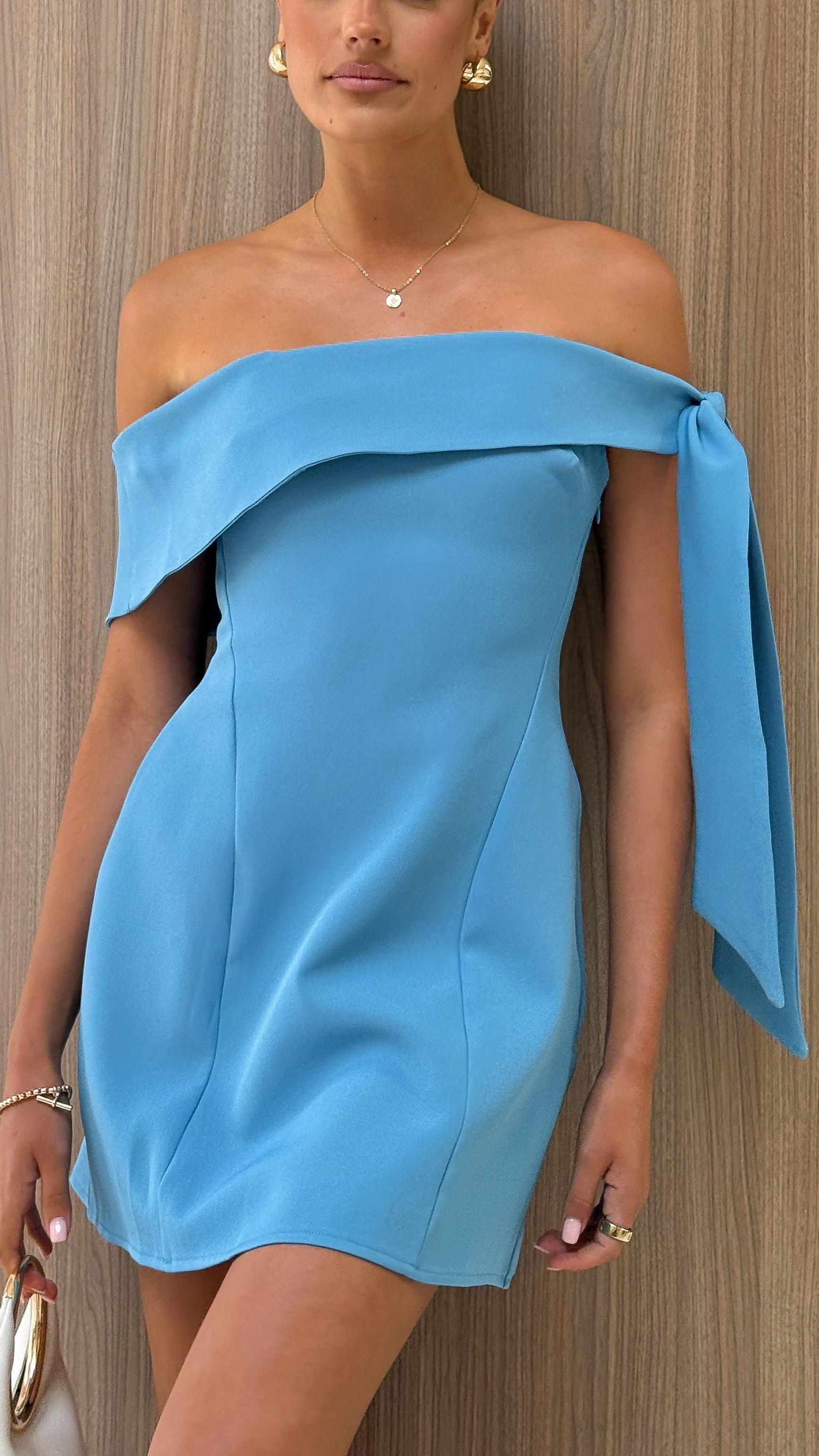 Halen Off Shoulder Mini Dress - Blue Warm Undertone Layering Fit
