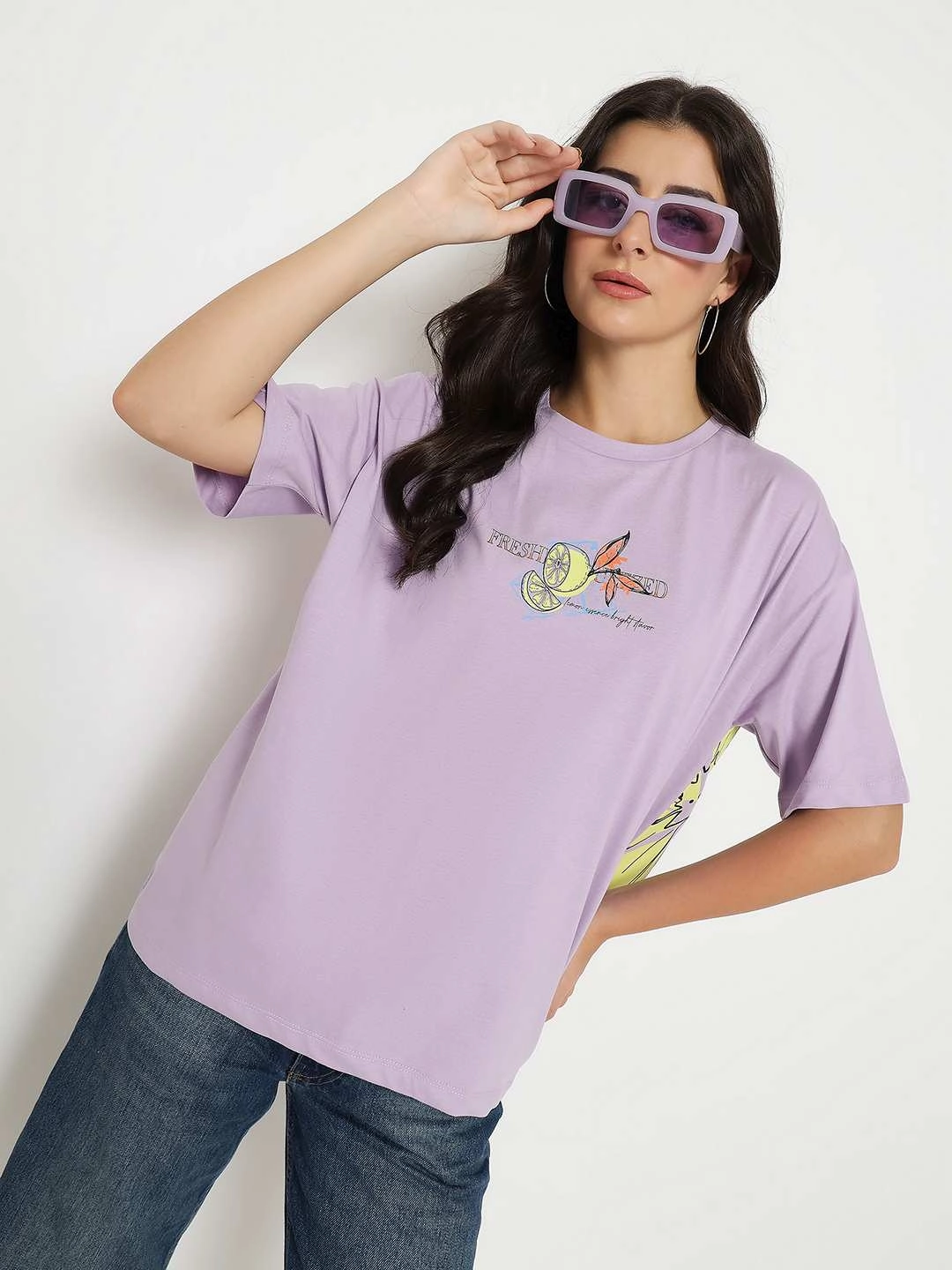 V neck style Madame Front and Back Graphic Print Lilac Cotton T-Shirt