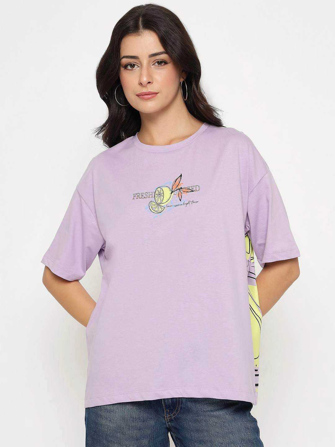 Colorfast Dye Comfortable Weave Madame Front and Back Graphic Print Lilac Cotton T-Shirt