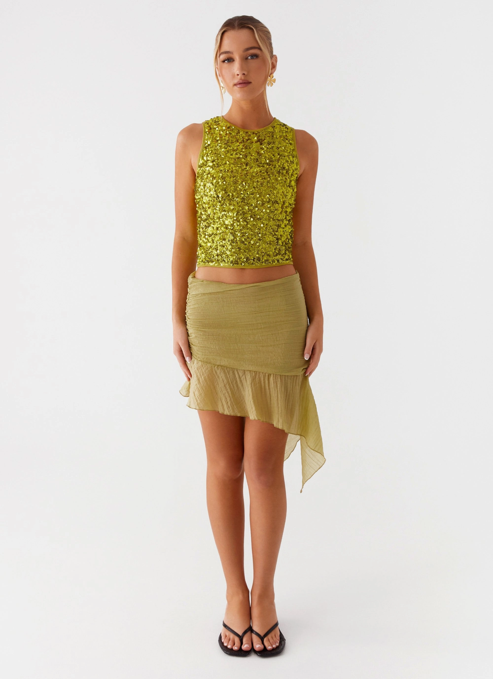 Harmonies Mini Skirt - Green Diagonal Slit
