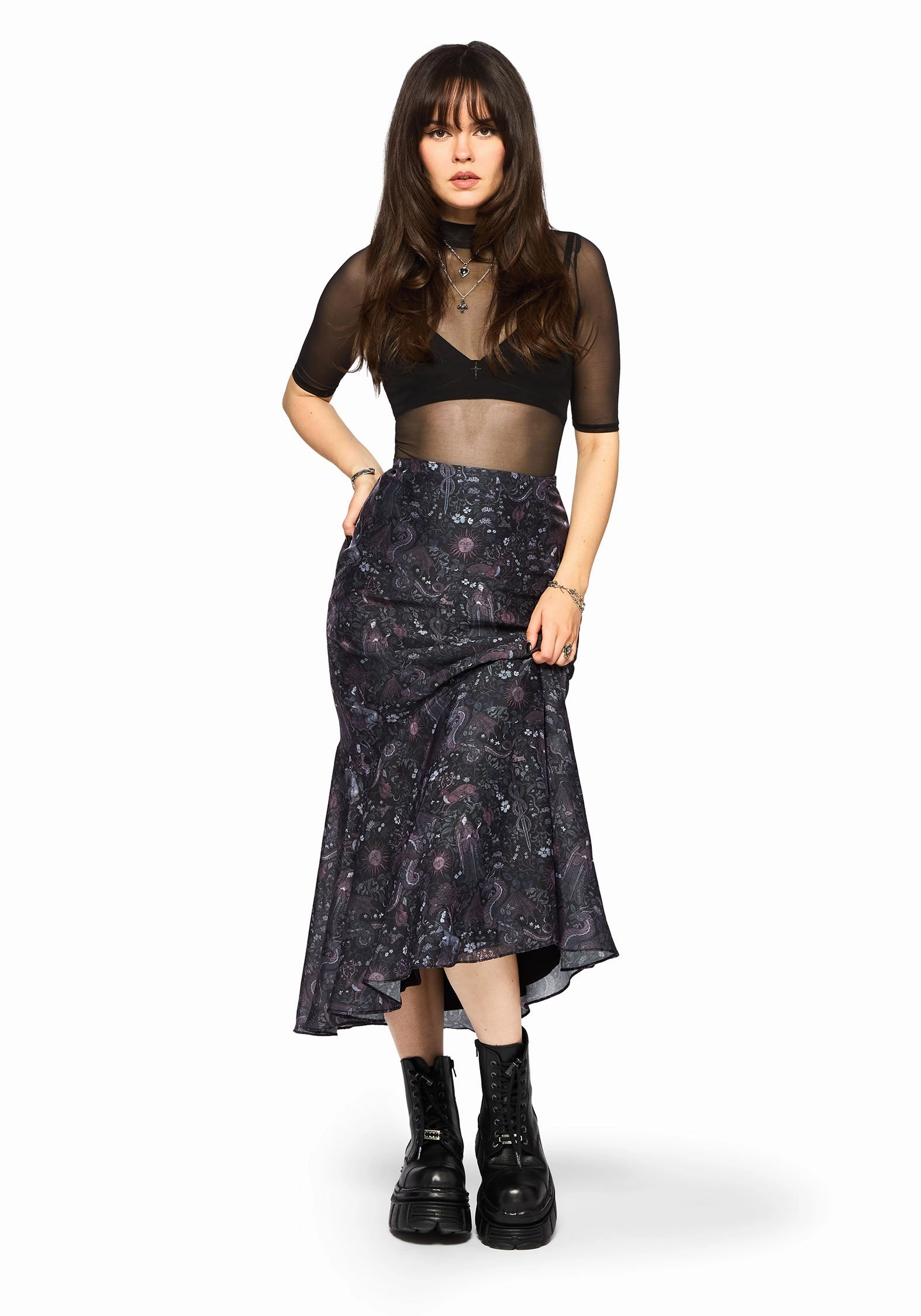 Classic Comfort casual finish Haunt Medieval Printed Asymmetric Midaxi Skirt
