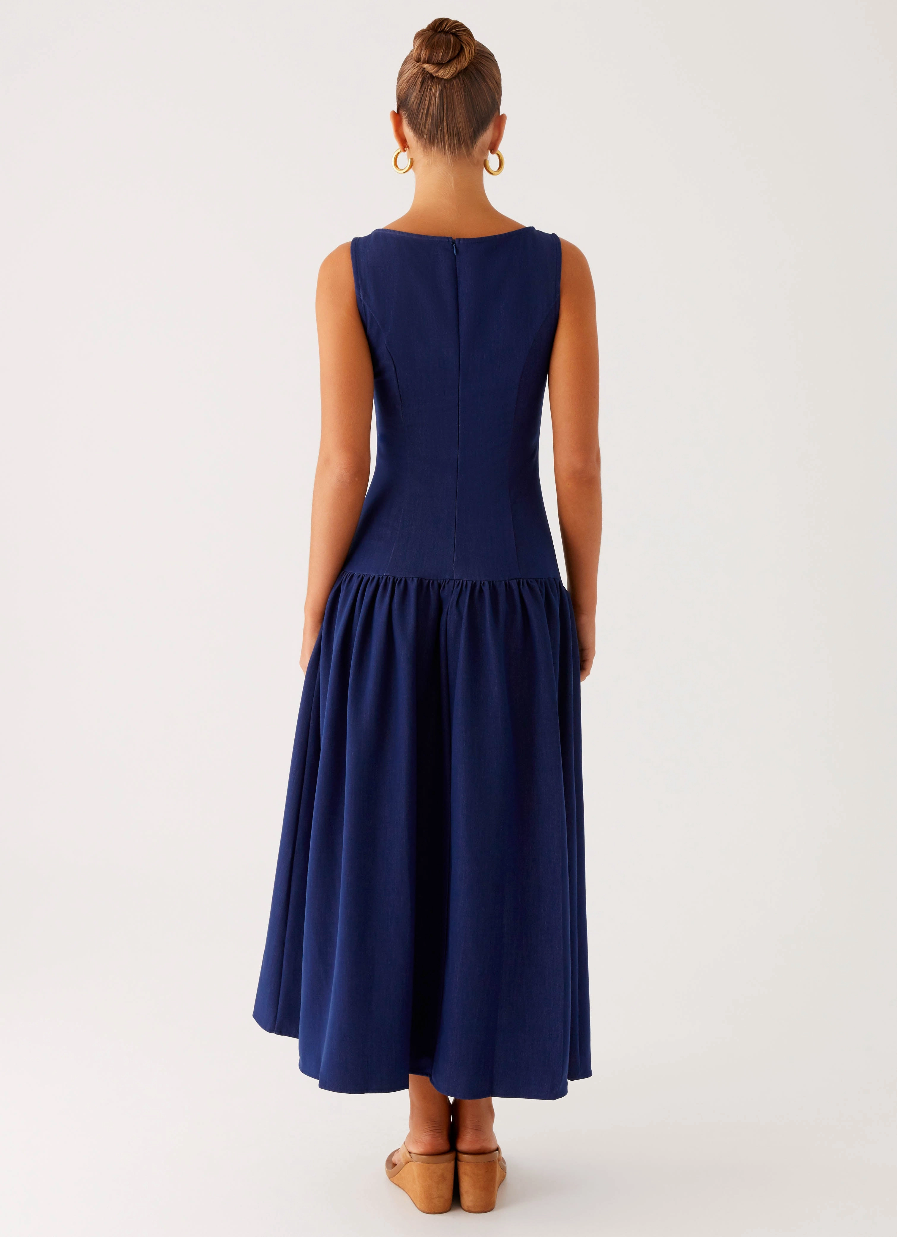 Simple Chic Open Back Hayes Denim Midi Dress - Indigo
