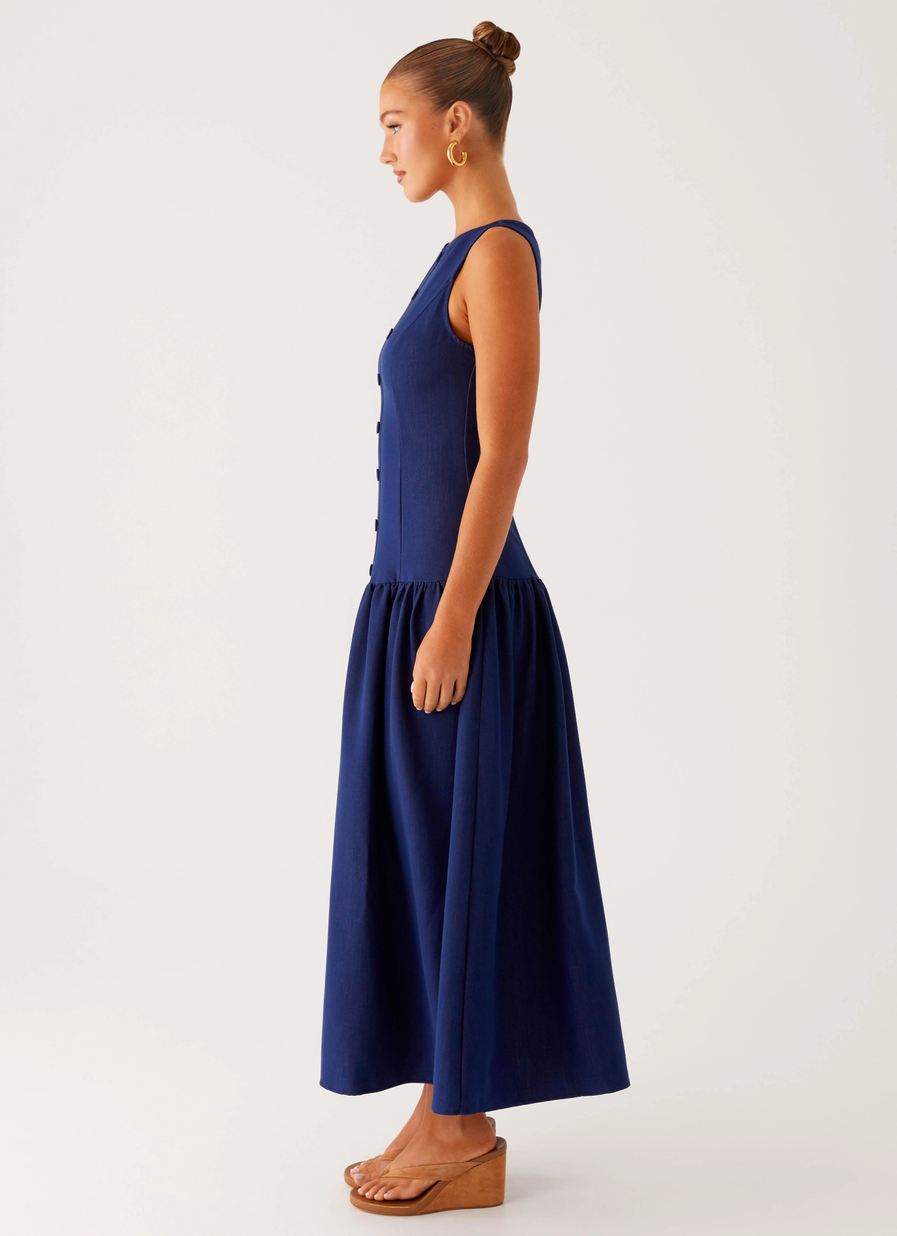 Hayes Denim Midi Dress - Indigo Satin Finish Sleek Flow