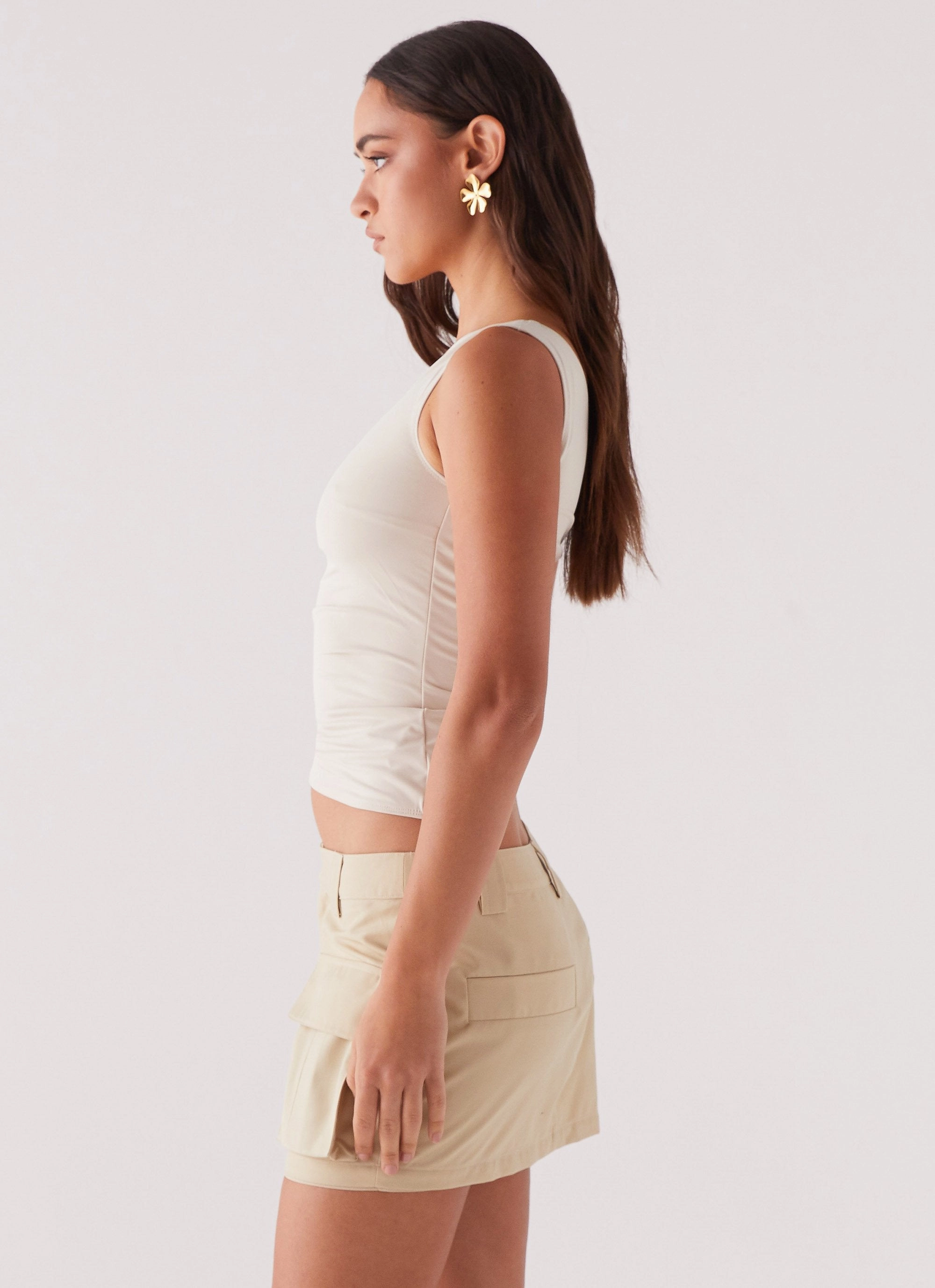 Heart To Heart Cargo Mini Skirt - Beige beaded embellishment Vibrant Flow