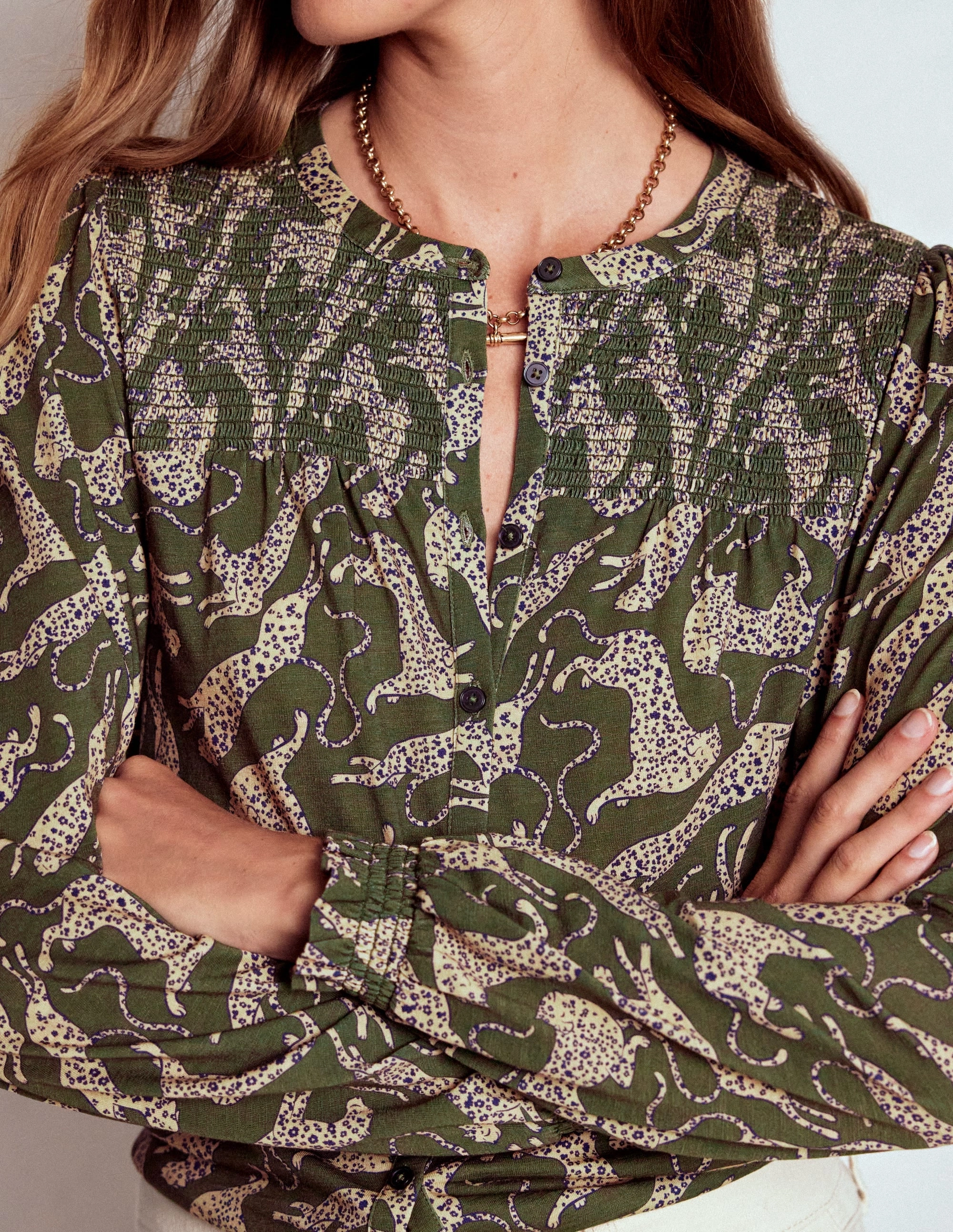 Elsa Smocked Yoke Jersey Shirt-Green, Leaping Leopard Flexible Waistband Adaptation Reflective Detailing