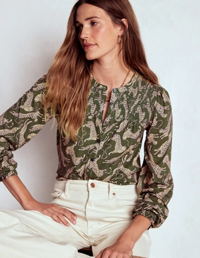 Elsa Smocked Yoke Jersey Shirt-Green, Leaping Leopard FlatlockStitching Tagless Neckline Design