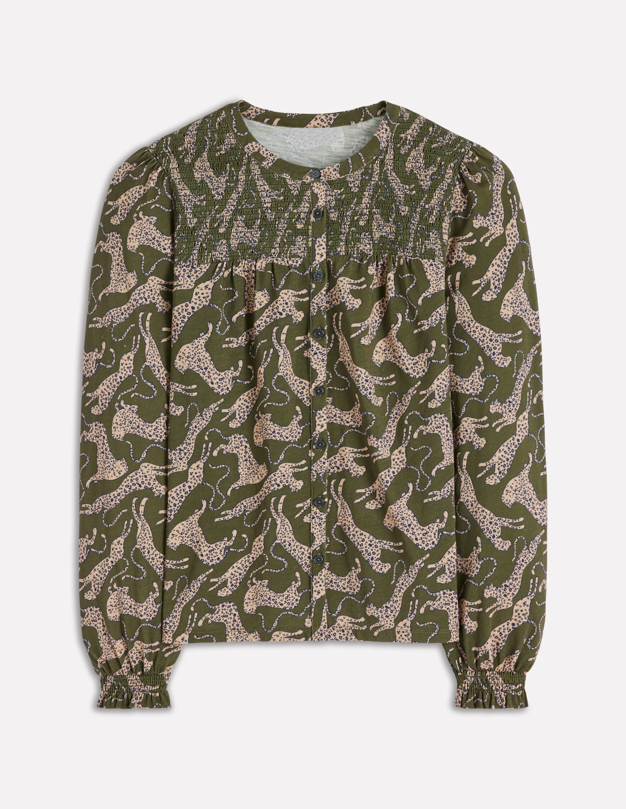 BrushedInnerLining Elsa Smocked Yoke Jersey Shirt-Green, Leaping Leopard