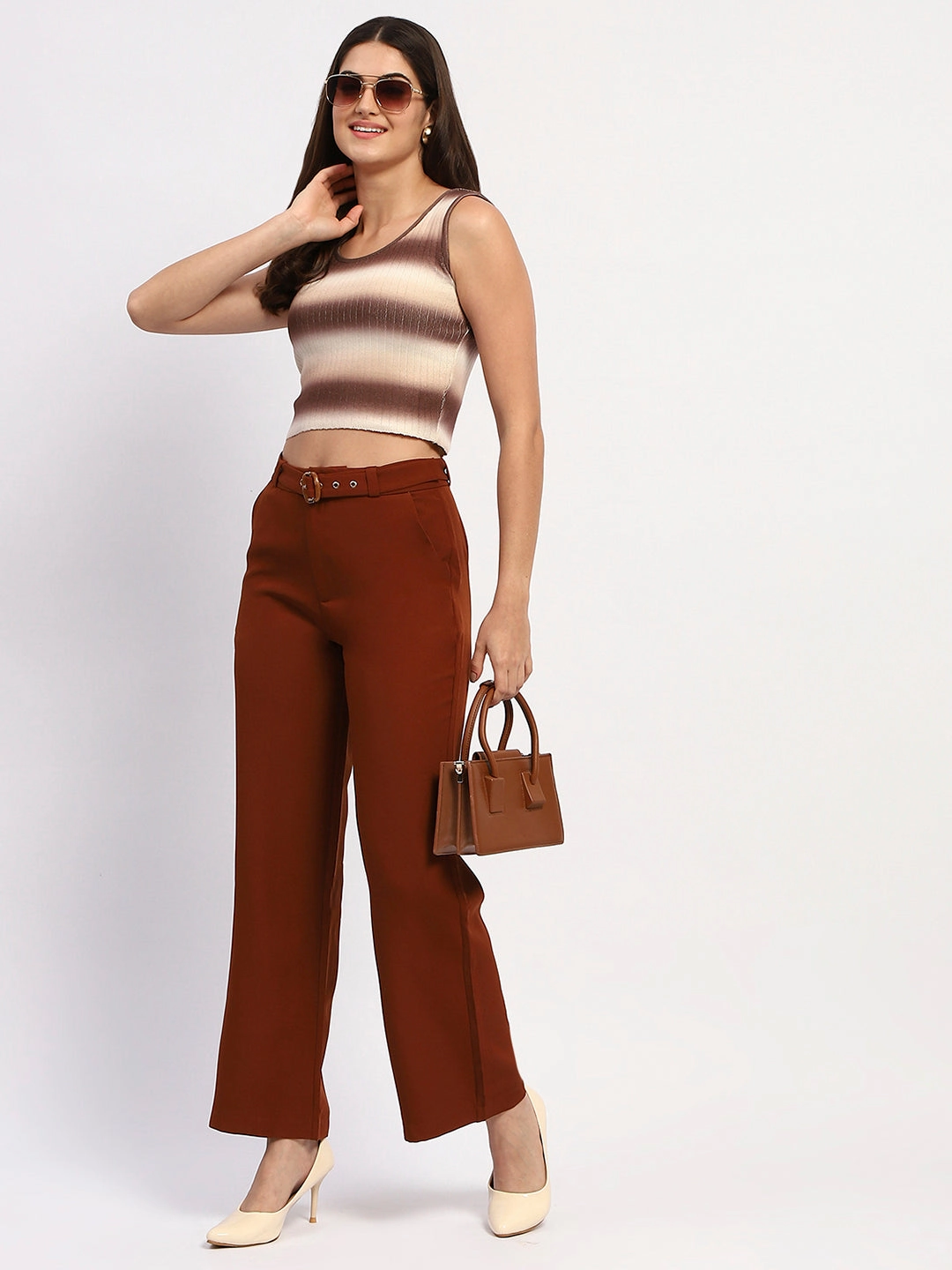 Madame Striped Sleeveless Cotton Brown Crop Sweater Layered Thermal Core