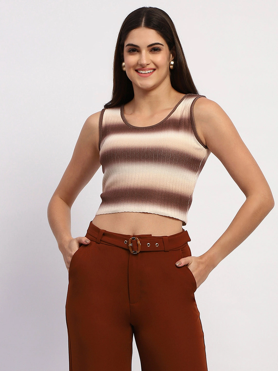 Ultimate Comfort Warm and Snuggly Madame Striped Sleeveless Cotton Brown Crop Sweater